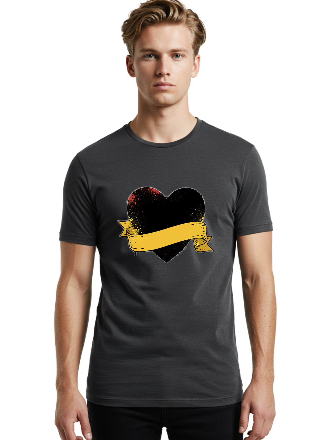 Black-Heart-With-Ribbon-Banner Men'S Graphic Tee, 100% Cotton, Comfortable Casual Summer Wear, Machine Washable, Black Heart, Yellow Ribbon, Grunge Style, Distressed Texture, Grungy Aesthetic, Vintage Design, Bold Graphics, Symbolic Heart, Bae137