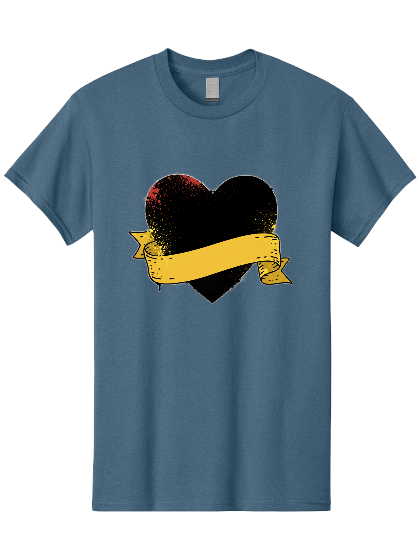 Black-Heart-With-Ribbon-Banner Men'S Graphic Tee, 100% Cotton, Comfortable Casual Summer Wear, Machine Washable, Black Heart, Yellow Ribbon, Grunge Style, Distressed Texture, Grungy Aesthetic, Vintage Design, Bold Graphics, Symbolic Heart, Bae137