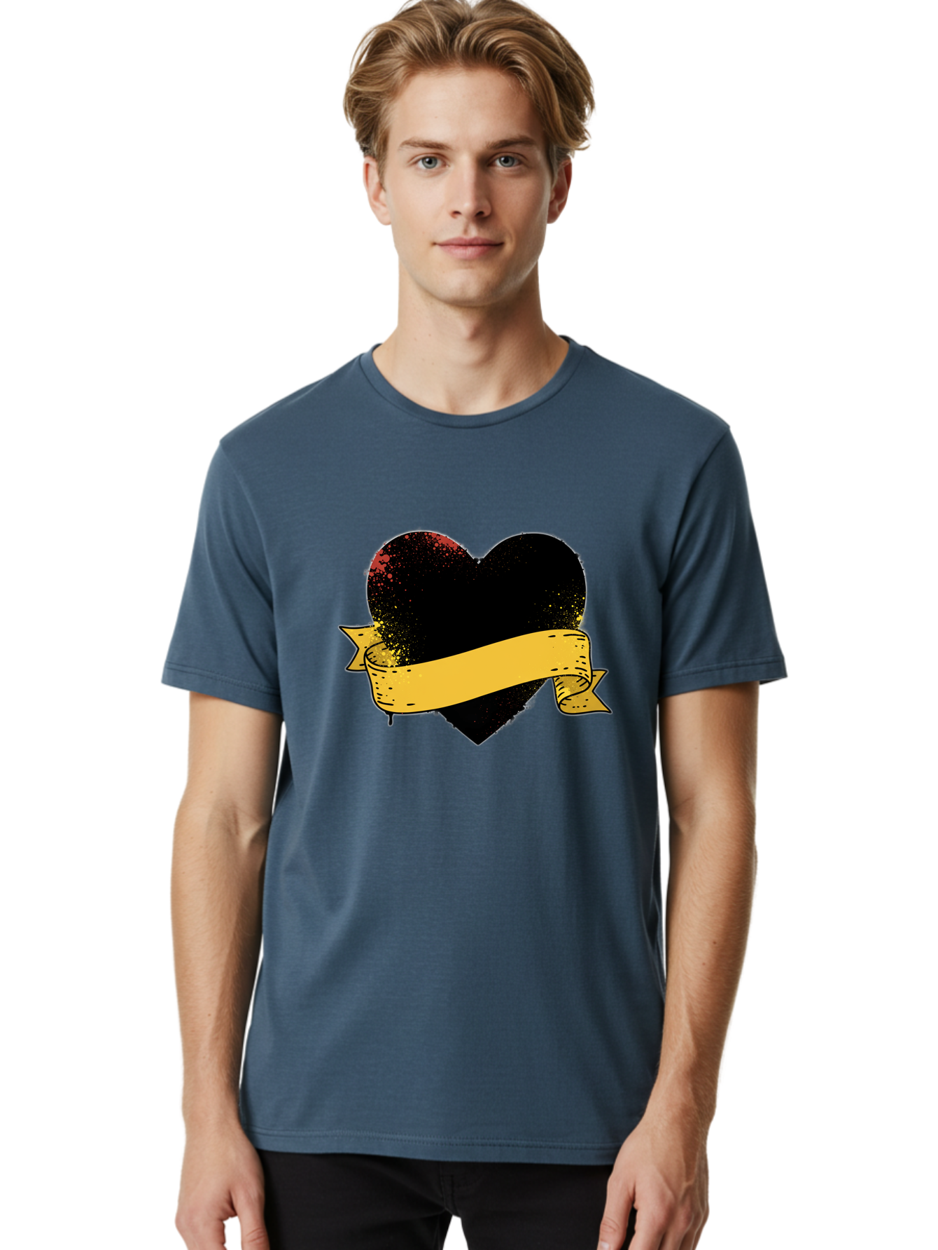 Black-Heart-With-Ribbon-Banner Men'S Graphic Tee, 100% Cotton, Comfortable Casual Summer Wear, Machine Washable, Black Heart, Yellow Ribbon, Grunge Style, Distressed Texture, Grungy Aesthetic, Vintage Design, Bold Graphics, Symbolic Heart, Bae137