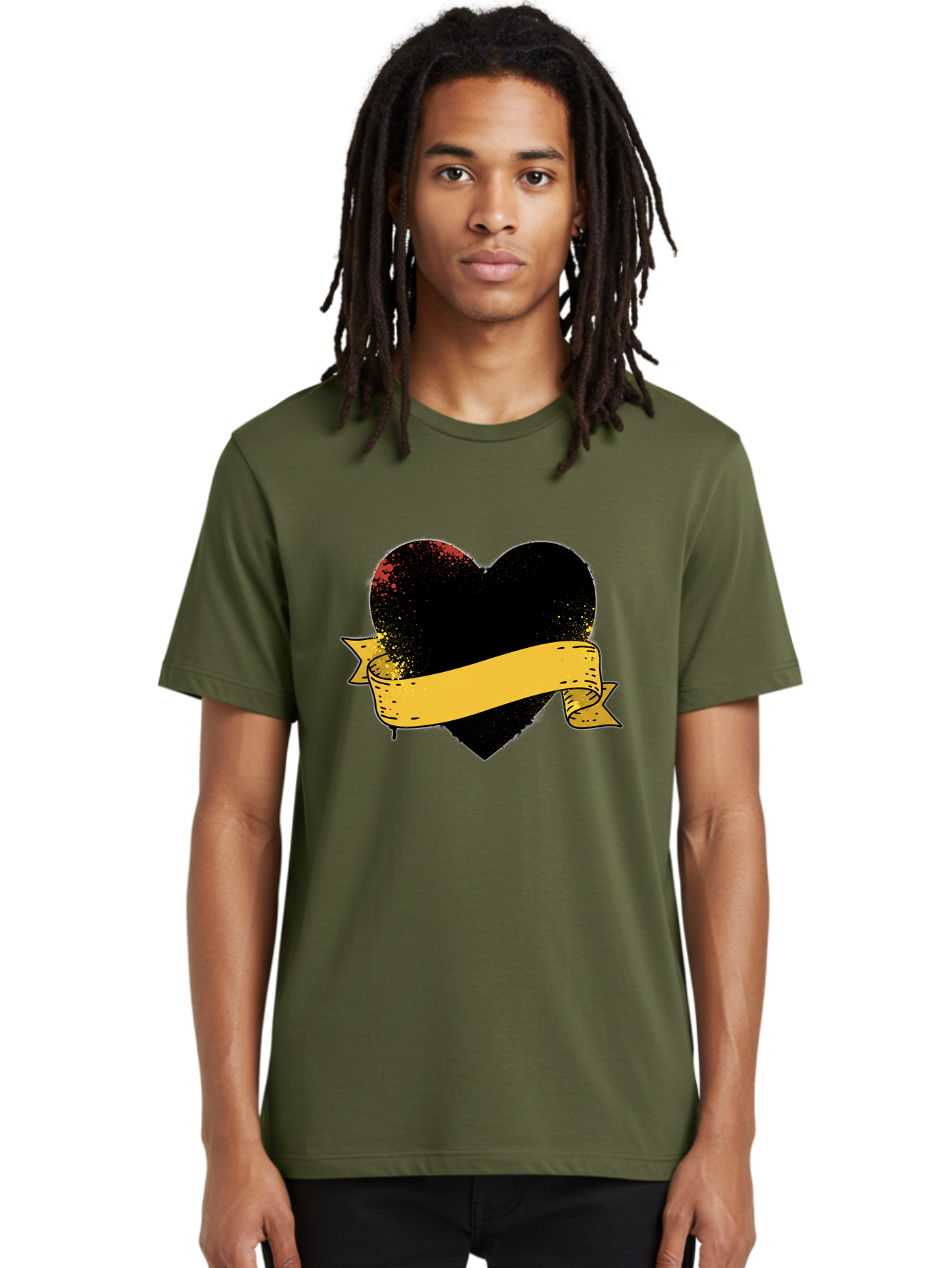 Black-Heart-With-Ribbon-Banner Men'S Graphic Tee, 100% Cotton, Comfortable Casual Summer Wear, Machine Washable, Black Heart, Yellow Ribbon, Grunge Style, Distressed Texture, Grungy Aesthetic, Vintage Design, Bold Graphics, Symbolic Heart, Bae137