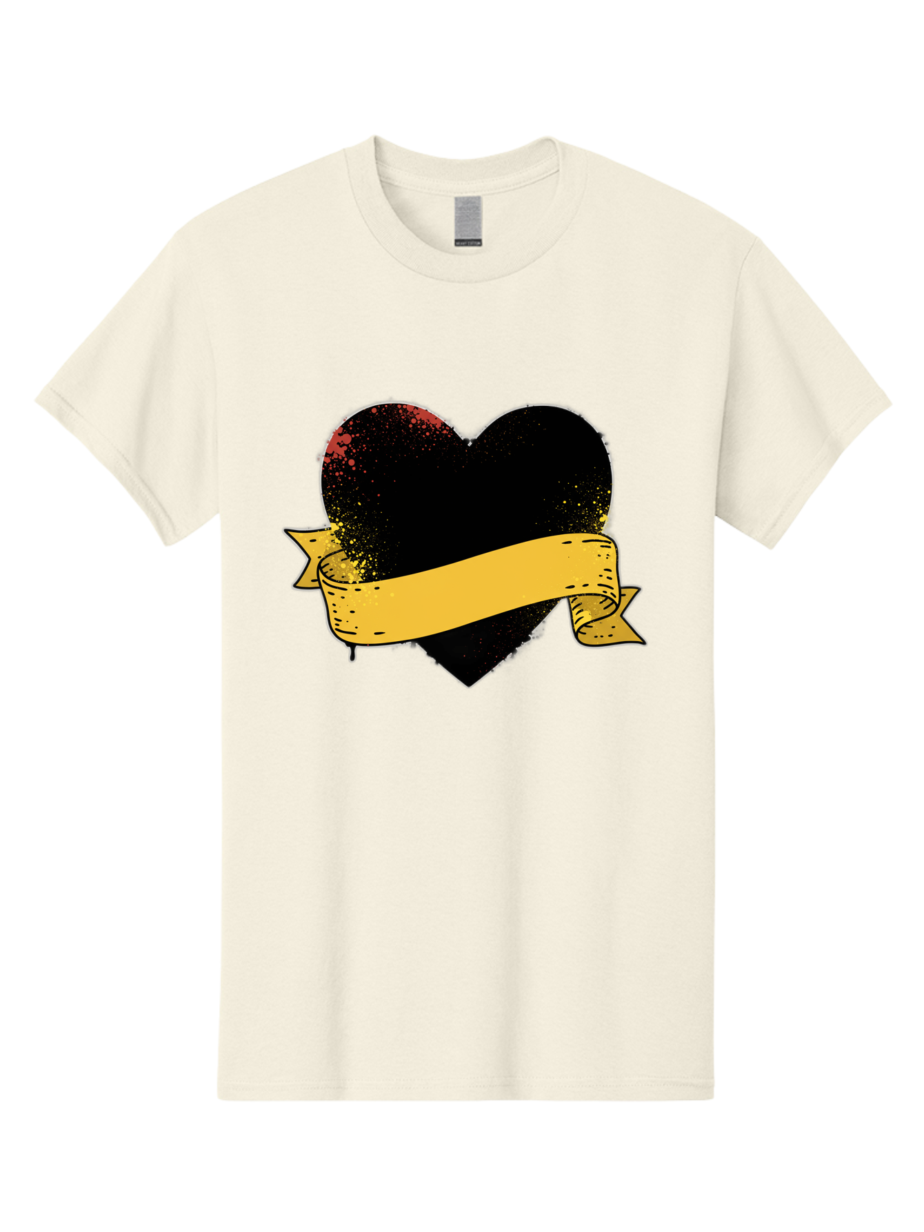 Black-Heart-With-Ribbon-Banner Men'S Graphic Tee, 100% Cotton, Comfortable Casual Summer Wear, Machine Washable, Black Heart, Yellow Ribbon, Grunge Style, Distressed Texture, Grungy Aesthetic, Vintage Design, Bold Graphics, Symbolic Heart, Bae137