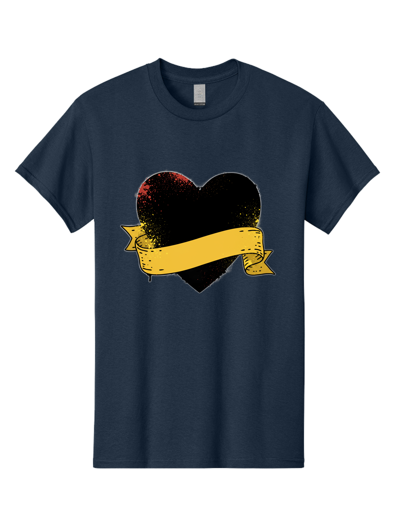 Black-Heart-With-Ribbon-Banner Men'S Graphic Tee, 100% Cotton, Comfortable Casual Summer Wear, Machine Washable, Black Heart, Yellow Ribbon, Grunge Style, Distressed Texture, Grungy Aesthetic, Vintage Design, Bold Graphics, Symbolic Heart, Bae137