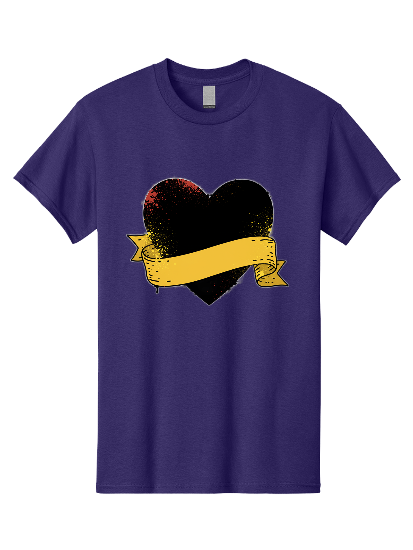 Black-Heart-With-Ribbon-Banner Men'S Graphic Tee, 100% Cotton, Comfortable Casual Summer Wear, Machine Washable, Black Heart, Yellow Ribbon, Grunge Style, Distressed Texture, Grungy Aesthetic, Vintage Design, Bold Graphics, Symbolic Heart, Bae137