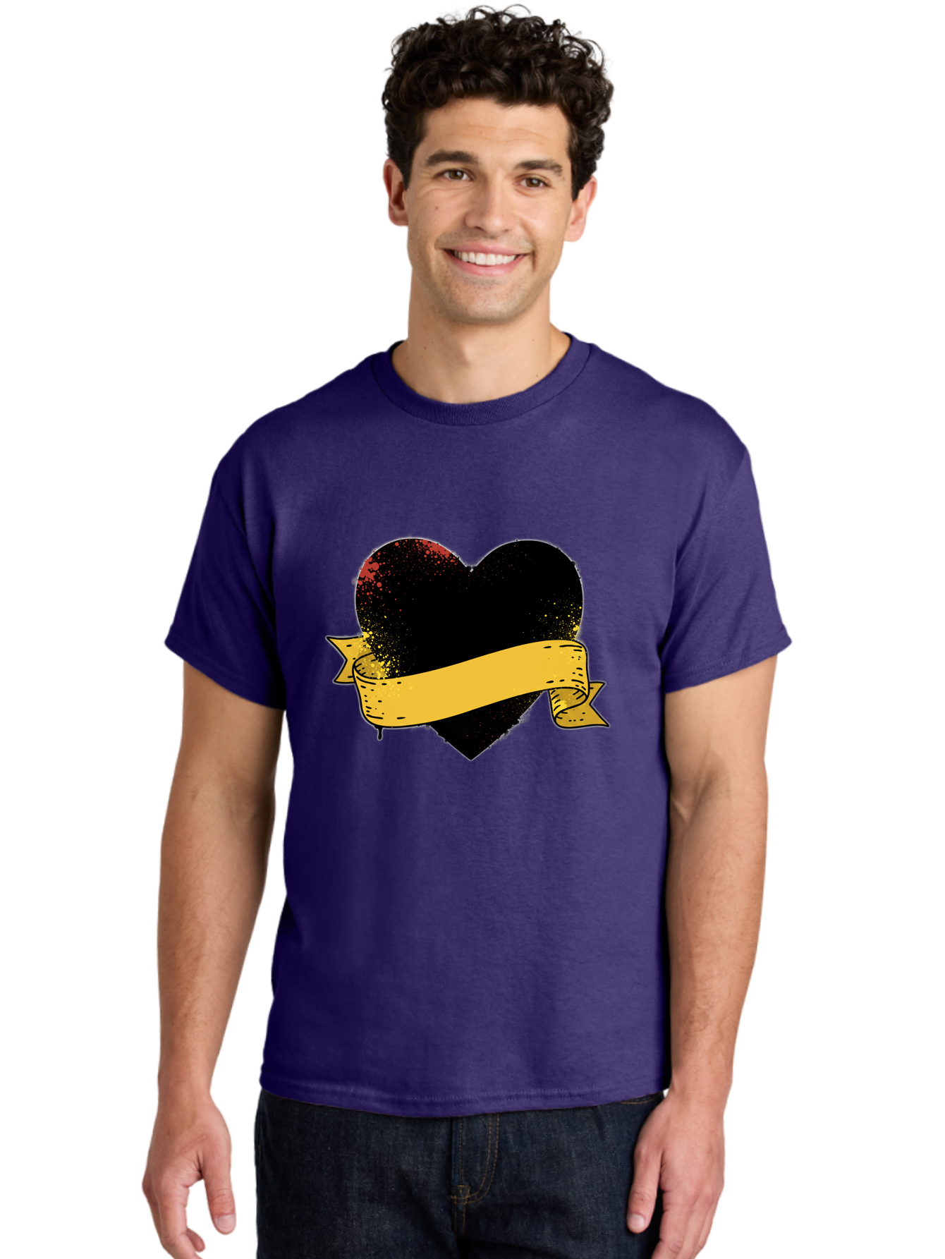 Black-Heart-With-Ribbon-Banner Men'S Graphic Tee, 100% Cotton, Comfortable Casual Summer Wear, Machine Washable, Black Heart, Yellow Ribbon, Grunge Style, Distressed Texture, Grungy Aesthetic, Vintage Design, Bold Graphics, Symbolic Heart, Bae137