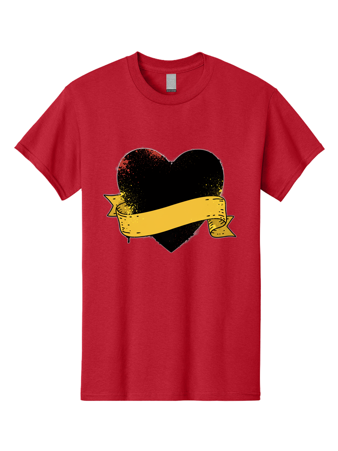 Black-Heart-With-Ribbon-Banner Men'S Graphic Tee, 100% Cotton, Comfortable Casual Summer Wear, Machine Washable, Black Heart, Yellow Ribbon, Grunge Style, Distressed Texture, Grungy Aesthetic, Vintage Design, Bold Graphics, Symbolic Heart, Bae137