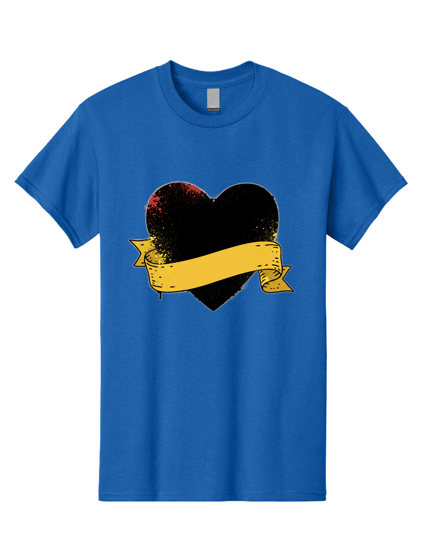 Black-Heart-With-Ribbon-Banner Men'S Graphic Tee, 100% Cotton, Comfortable Casual Summer Wear, Machine Washable, Black Heart, Yellow Ribbon, Grunge Style, Distressed Texture, Grungy Aesthetic, Vintage Design, Bold Graphics, Symbolic Heart, Bae137