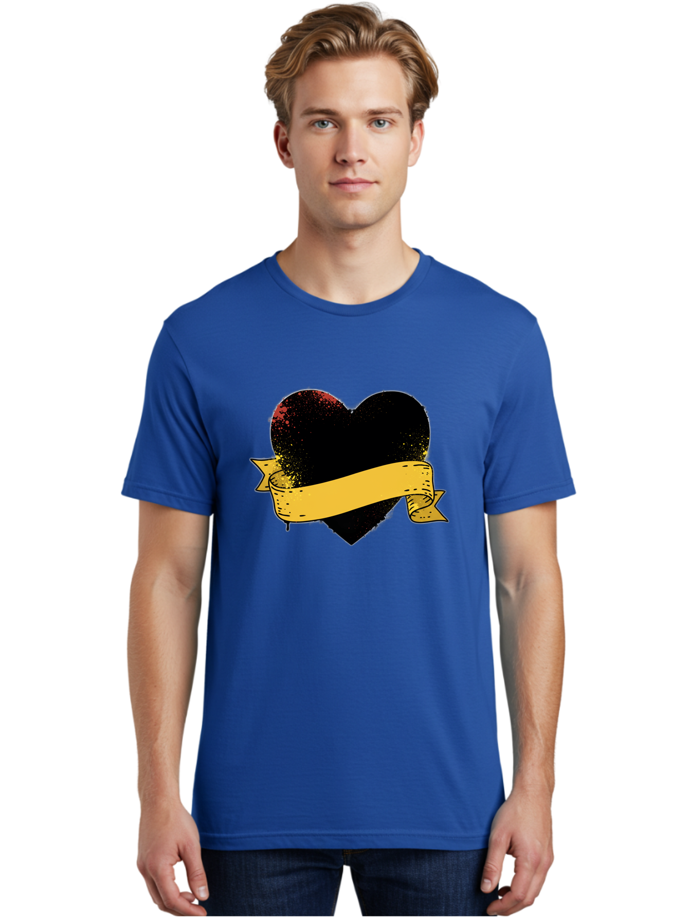 Black-Heart-With-Ribbon-Banner Men'S Graphic Tee, 100% Cotton, Comfortable Casual Summer Wear, Machine Washable, Black Heart, Yellow Ribbon, Grunge Style, Distressed Texture, Grungy Aesthetic, Vintage Design, Bold Graphics, Symbolic Heart, Bae137