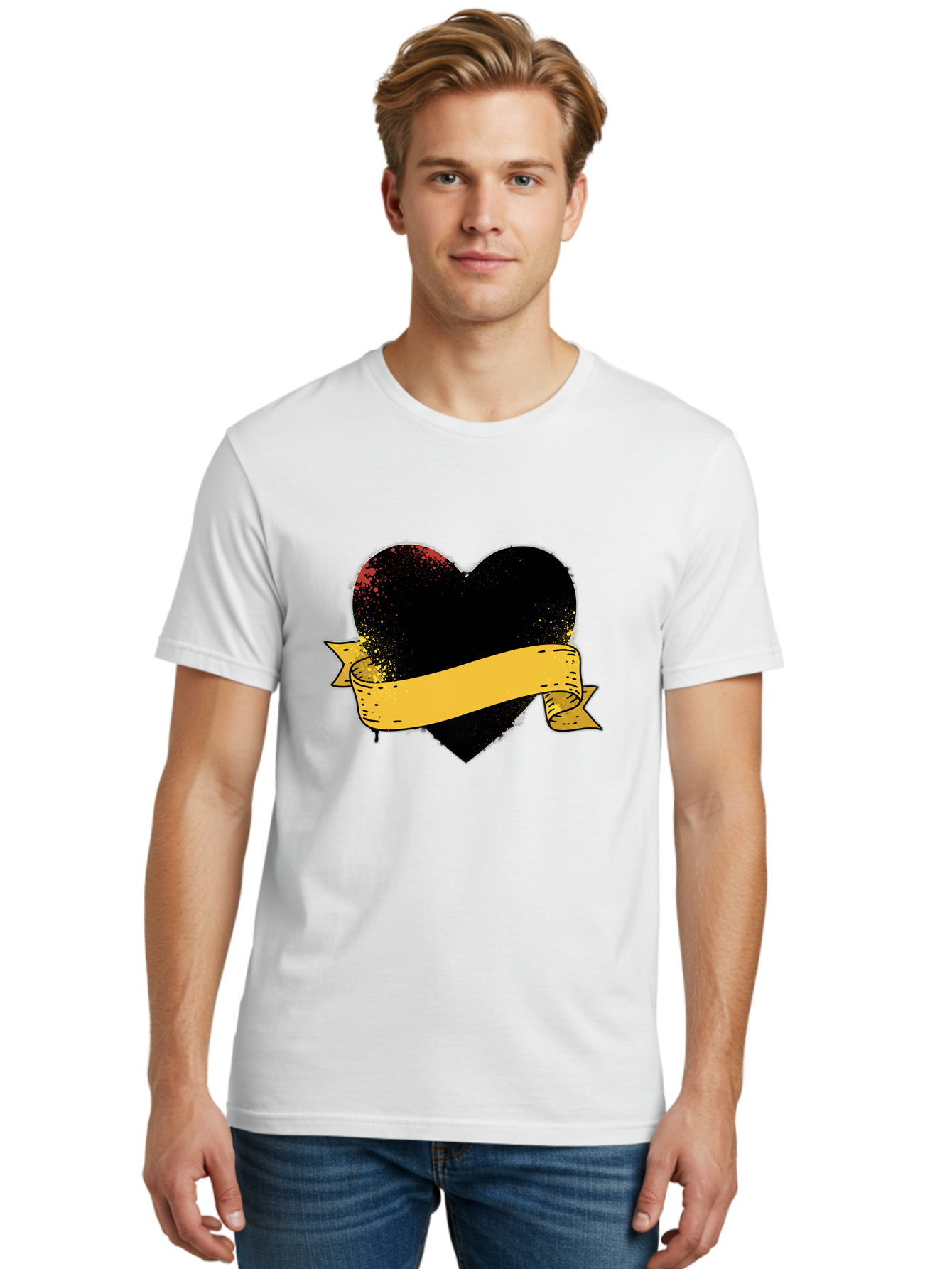Black-Heart-With-Ribbon-Banner Men'S Graphic Tee, 100% Cotton, Comfortable Casual Summer Wear, Machine Washable, Black Heart, Yellow Ribbon, Grunge Style, Distressed Texture, Grungy Aesthetic, Vintage Design, Bold Graphics, Symbolic Heart, Bae137