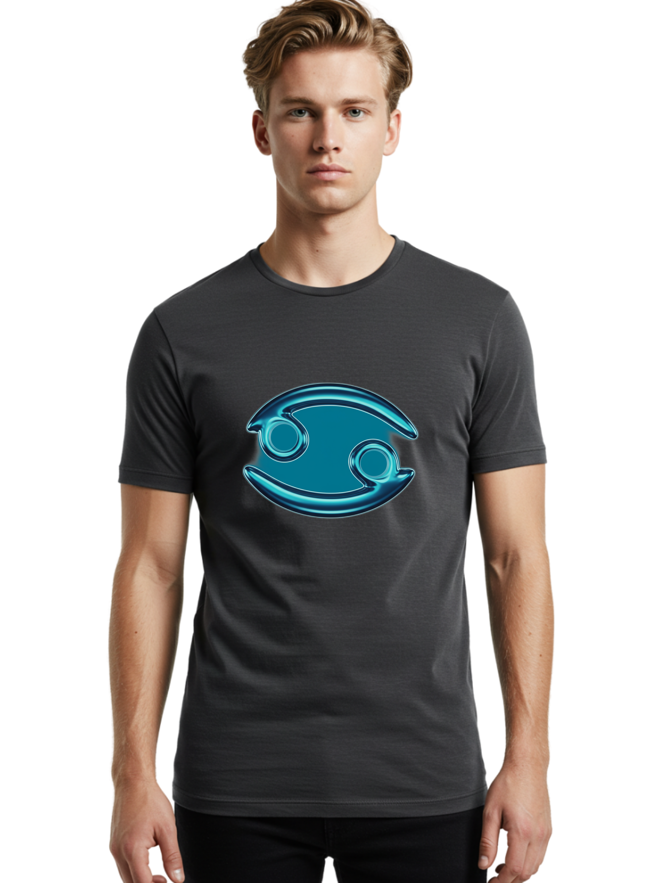 Blue-Pacman Men'S Graphic Tee, 100% Cotton, Comfortable Casual Summer Wear, Machine Washable, Blue Metallic Fish Logo, Stylized Fish Emblem, Abstract Fish Design, Chrome Effect, Modern Logo Style, Ocean Icon, Futuristic Symbol Bae138