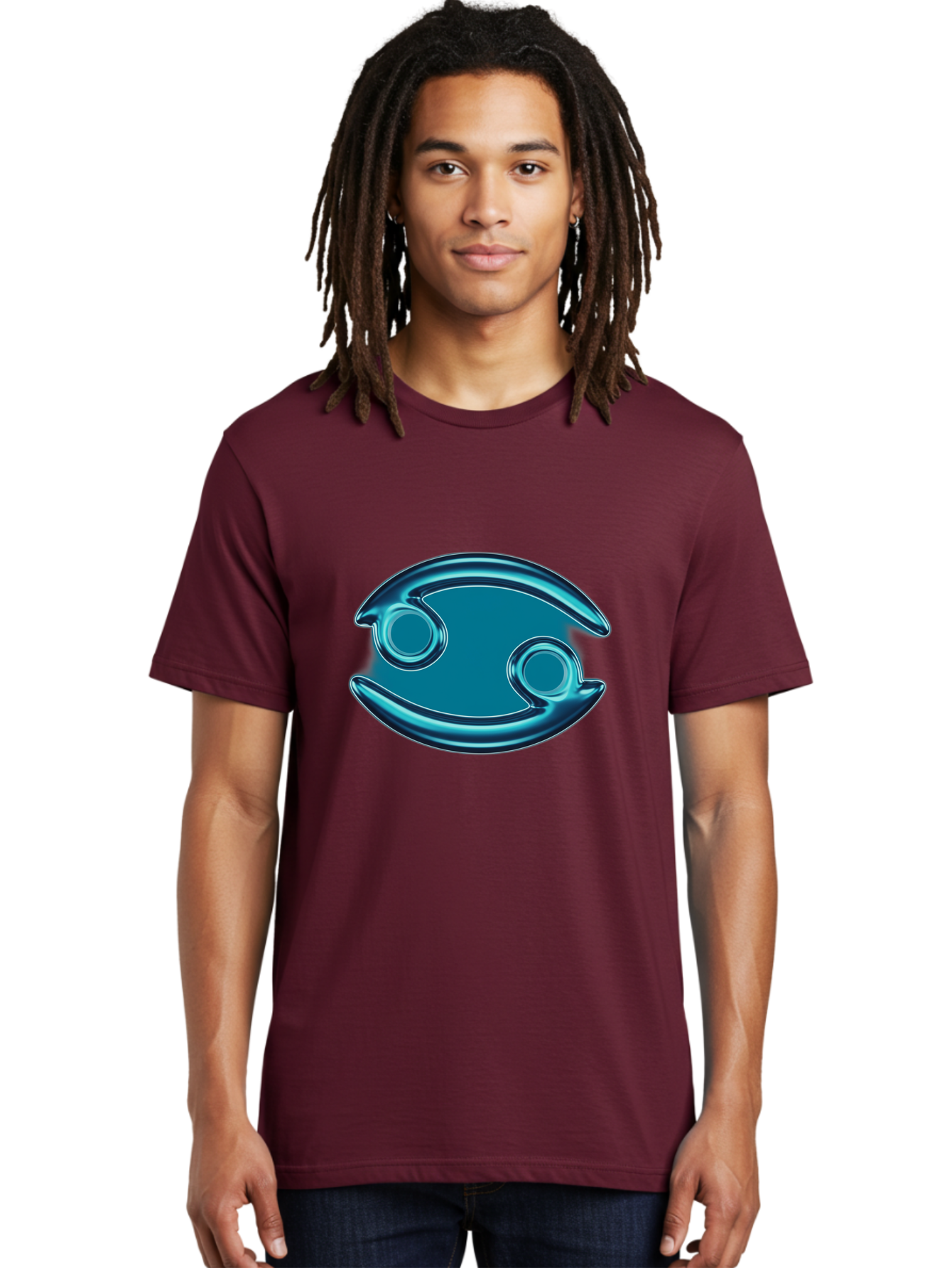 Blue-Pacman Men'S Graphic Tee, 100% Cotton, Comfortable Casual Summer Wear, Machine Washable, Blue Metallic Fish Logo, Stylized Fish Emblem, Abstract Fish Design, Chrome Effect, Modern Logo Style, Ocean Icon, Futuristic Symbol Bae138