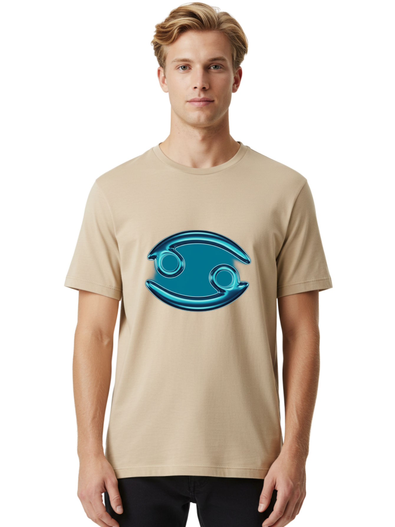Blue-Pacman Men'S Graphic Tee, 100% Cotton, Comfortable Casual Summer Wear, Machine Washable, Blue Metallic Fish Logo, Stylized Fish Emblem, Abstract Fish Design, Chrome Effect, Modern Logo Style, Ocean Icon, Futuristic Symbol Bae138