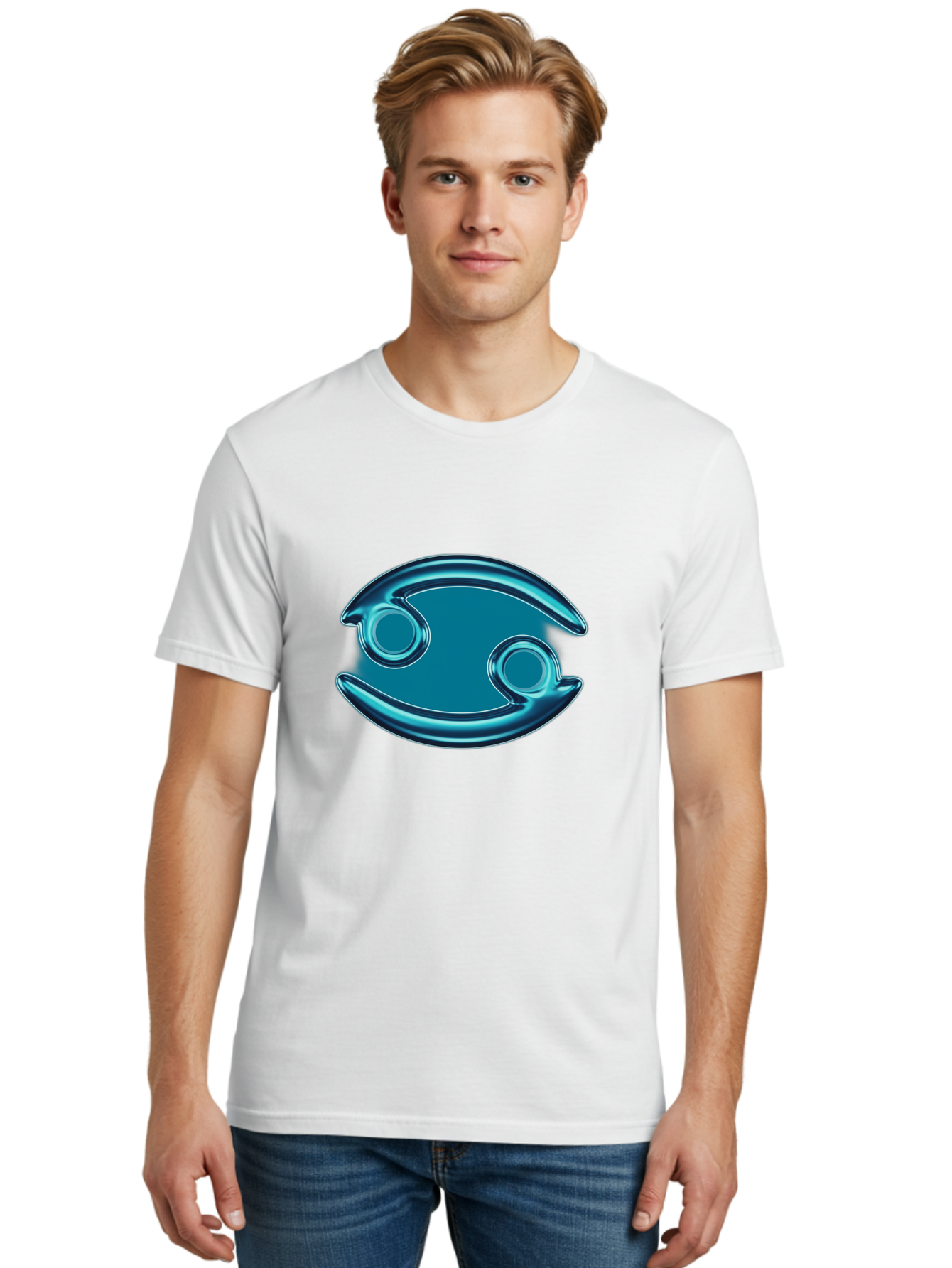 Blue-Pacman Men'S Graphic Tee, 100% Cotton, Comfortable Casual Summer Wear, Machine Washable, Blue Metallic Fish Logo, Stylized Fish Emblem, Abstract Fish Design, Chrome Effect, Modern Logo Style, Ocean Icon, Futuristic Symbol Bae138