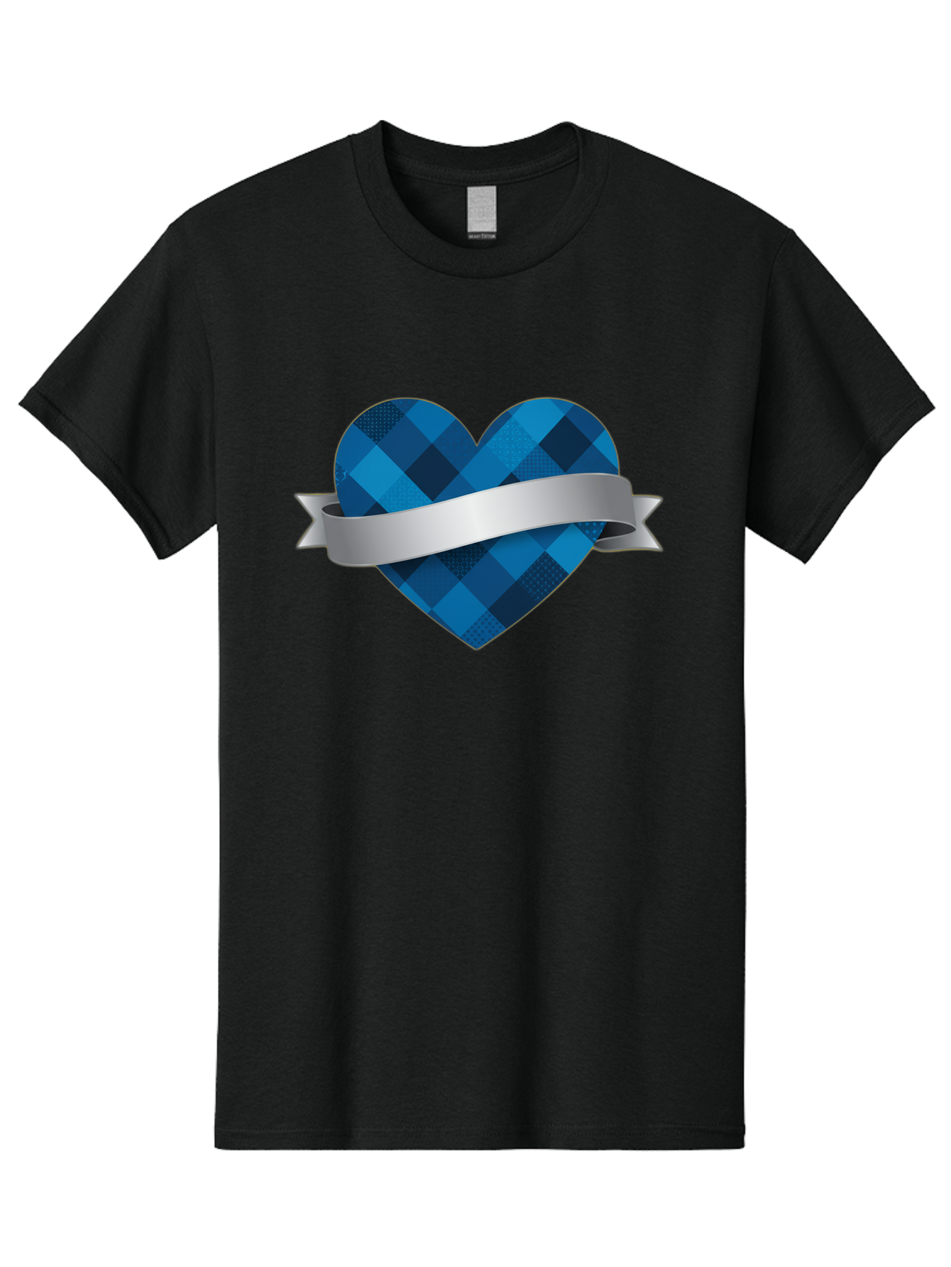 Blue-Plaid-Heart Men'S Graphic Tee, 100% Cotton, Comfortable Casual Summer Wear, Machine Washable, Blue Plaid Heart, Silver Ribbon, Love Symbol, Heart Shape, Textured Pattern, Checkered Design, Elegant Graphics, Symbolic Heart Bae139