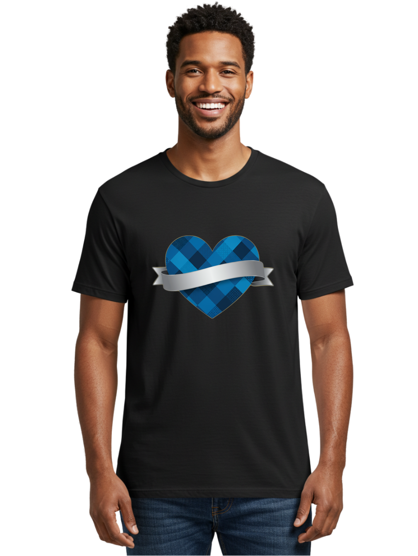 Blue-Plaid-Heart Men'S Graphic Tee, 100% Cotton, Comfortable Casual Summer Wear, Machine Washable, Blue Plaid Heart, Silver Ribbon, Love Symbol, Heart Shape, Textured Pattern, Checkered Design, Elegant Graphics, Symbolic Heart Bae139