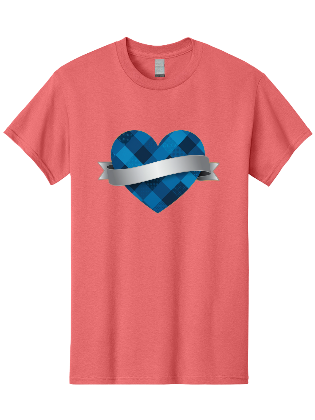 Blue-Plaid-Heart Men'S Graphic Tee, 100% Cotton, Comfortable Casual Summer Wear, Machine Washable, Blue Plaid Heart, Silver Ribbon, Love Symbol, Heart Shape, Textured Pattern, Checkered Design, Elegant Graphics, Symbolic Heart Bae139