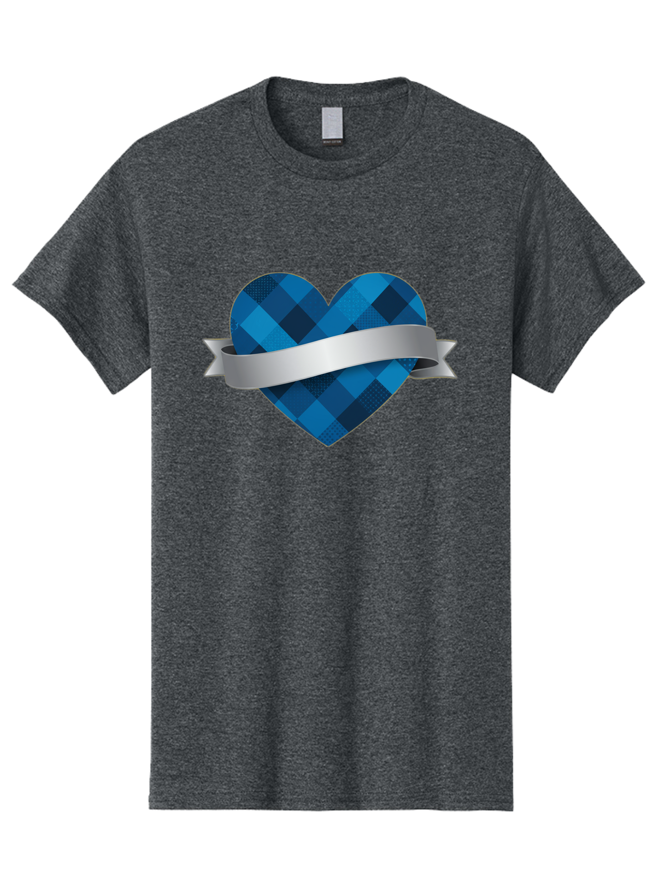 Blue-Plaid-Heart Men'S Graphic Tee, 100% Cotton, Comfortable Casual Summer Wear, Machine Washable, Blue Plaid Heart, Silver Ribbon, Love Symbol, Heart Shape, Textured Pattern, Checkered Design, Elegant Graphics, Symbolic Heart Bae139