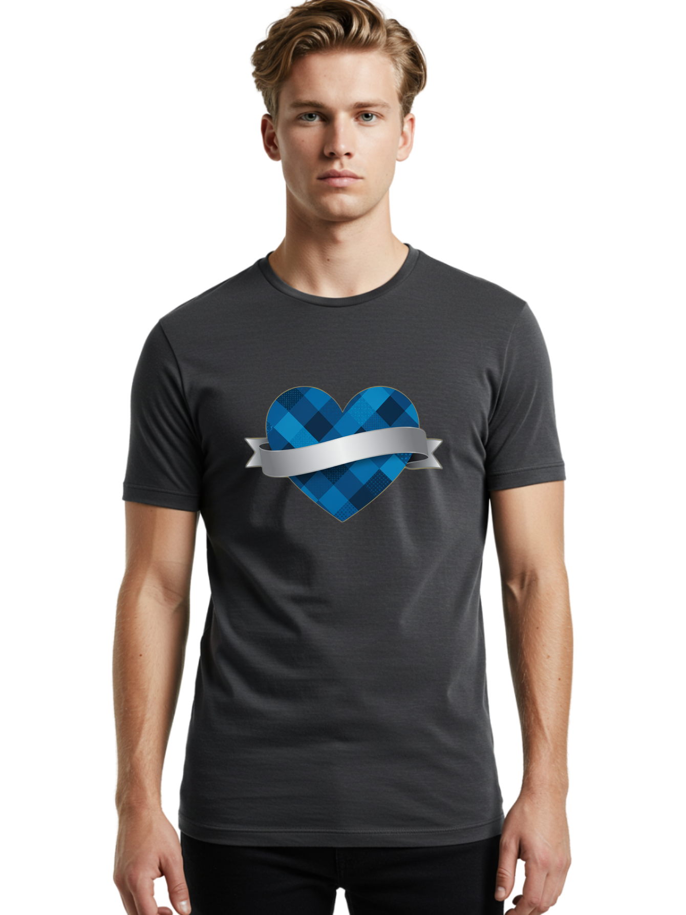 Blue-Plaid-Heart Men'S Graphic Tee, 100% Cotton, Comfortable Casual Summer Wear, Machine Washable, Blue Plaid Heart, Silver Ribbon, Love Symbol, Heart Shape, Textured Pattern, Checkered Design, Elegant Graphics, Symbolic Heart Bae139