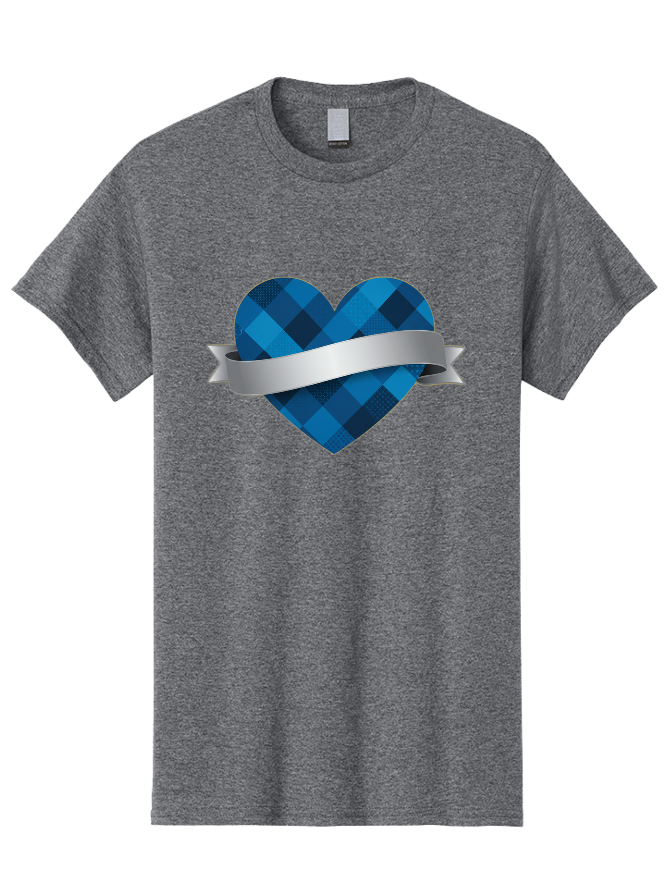Blue-Plaid-Heart Men'S Graphic Tee, 100% Cotton, Comfortable Casual Summer Wear, Machine Washable, Blue Plaid Heart, Silver Ribbon, Love Symbol, Heart Shape, Textured Pattern, Checkered Design, Elegant Graphics, Symbolic Heart Bae139