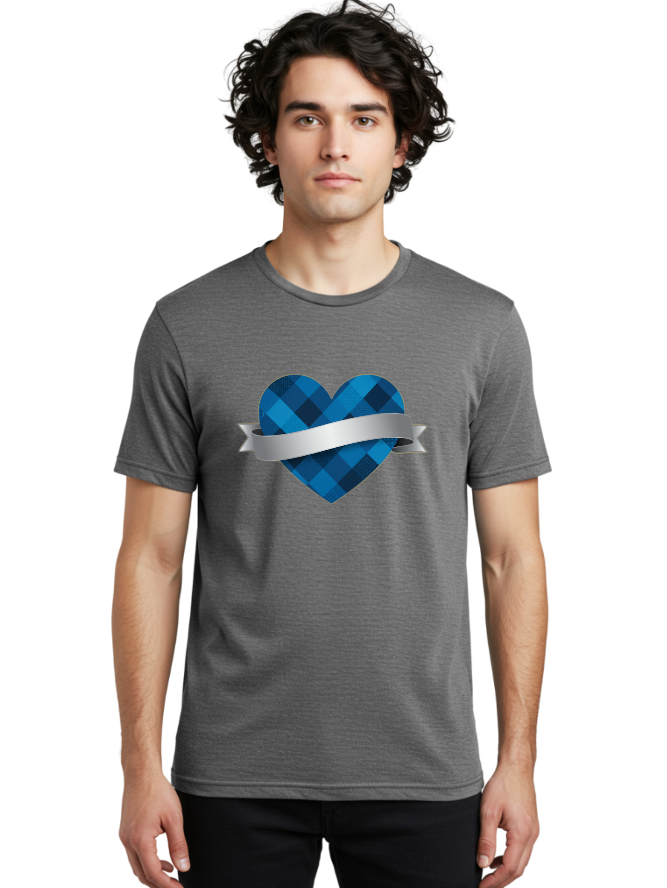 Blue-Plaid-Heart Men'S Graphic Tee, 100% Cotton, Comfortable Casual Summer Wear, Machine Washable, Blue Plaid Heart, Silver Ribbon, Love Symbol, Heart Shape, Textured Pattern, Checkered Design, Elegant Graphics, Symbolic Heart Bae139
