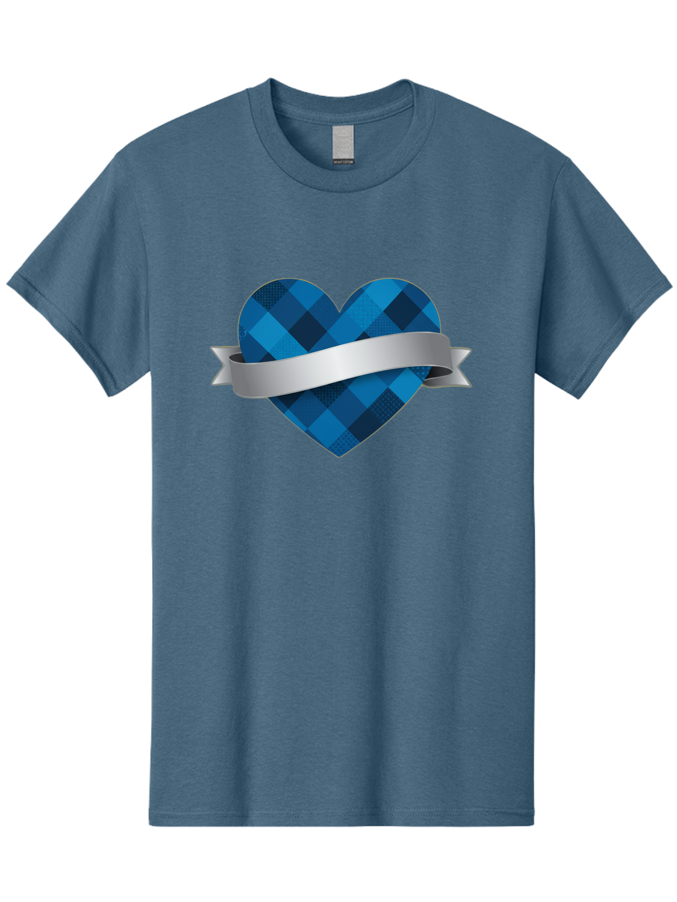 Blue-Plaid-Heart Men'S Graphic Tee, 100% Cotton, Comfortable Casual Summer Wear, Machine Washable, Blue Plaid Heart, Silver Ribbon, Love Symbol, Heart Shape, Textured Pattern, Checkered Design, Elegant Graphics, Symbolic Heart Bae139