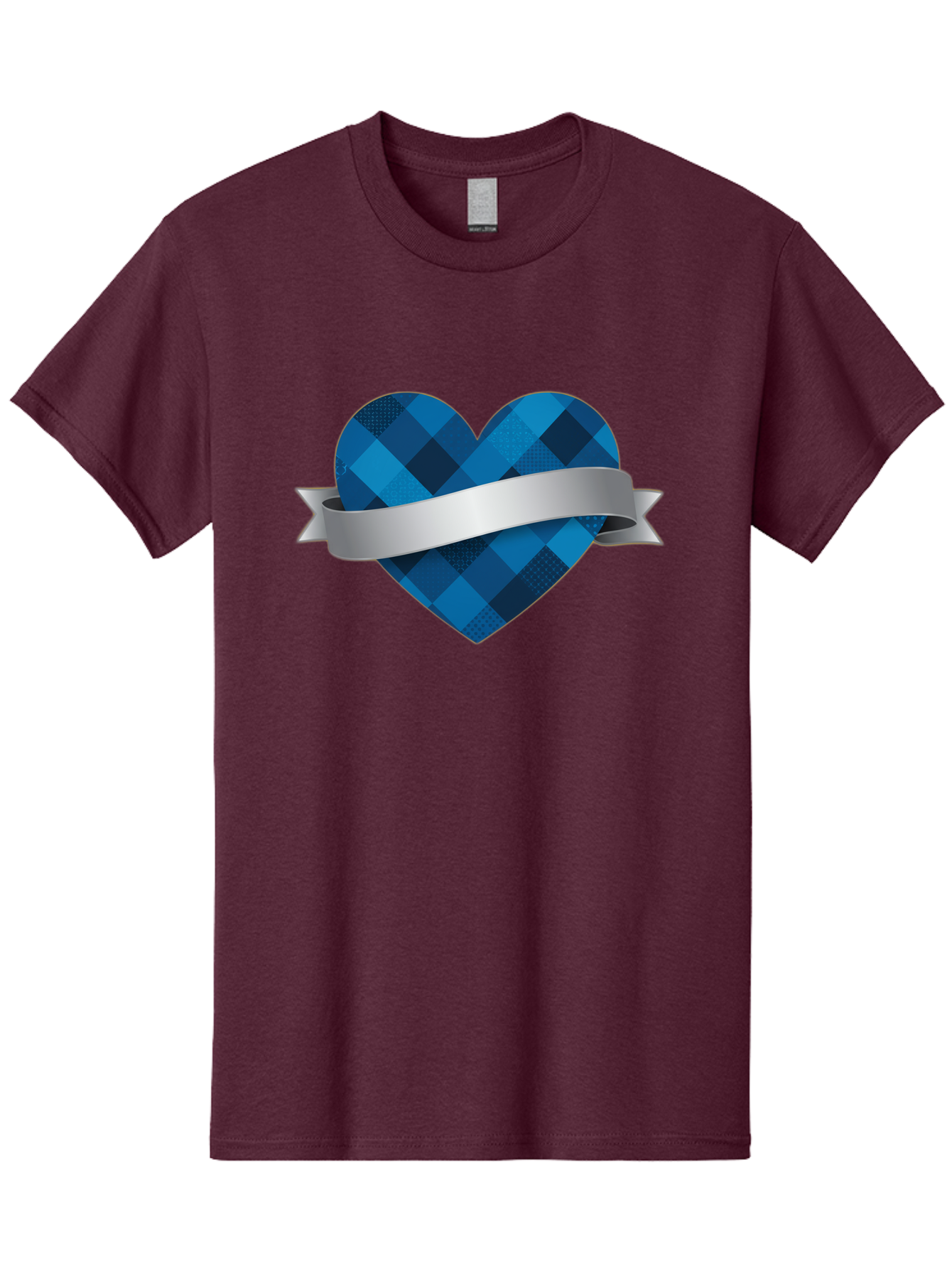 Blue-Plaid-Heart Men'S Graphic Tee, 100% Cotton, Comfortable Casual Summer Wear, Machine Washable, Blue Plaid Heart, Silver Ribbon, Love Symbol, Heart Shape, Textured Pattern, Checkered Design, Elegant Graphics, Symbolic Heart Bae139