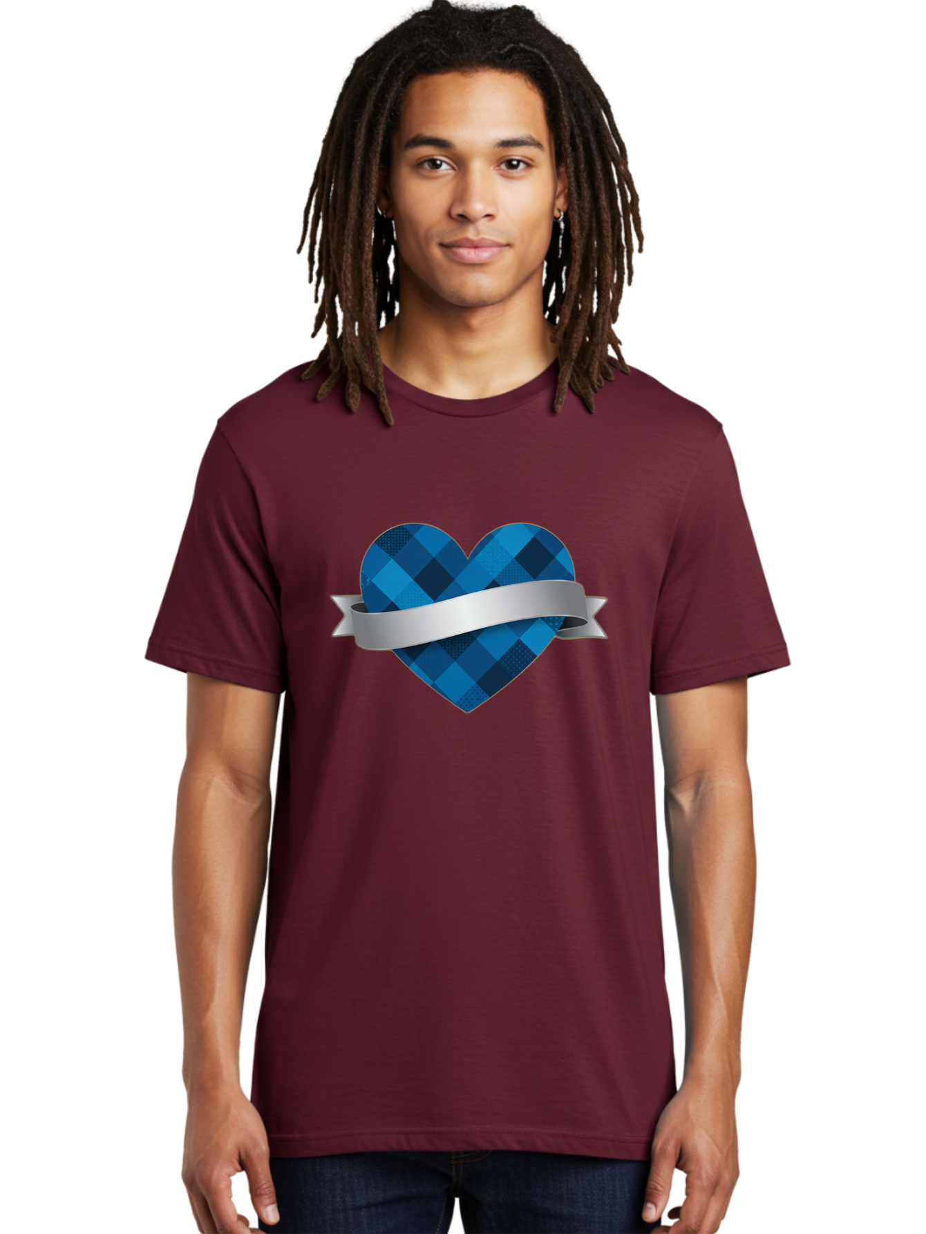 Blue-Plaid-Heart Men'S Graphic Tee, 100% Cotton, Comfortable Casual Summer Wear, Machine Washable, Blue Plaid Heart, Silver Ribbon, Love Symbol, Heart Shape, Textured Pattern, Checkered Design, Elegant Graphics, Symbolic Heart Bae139