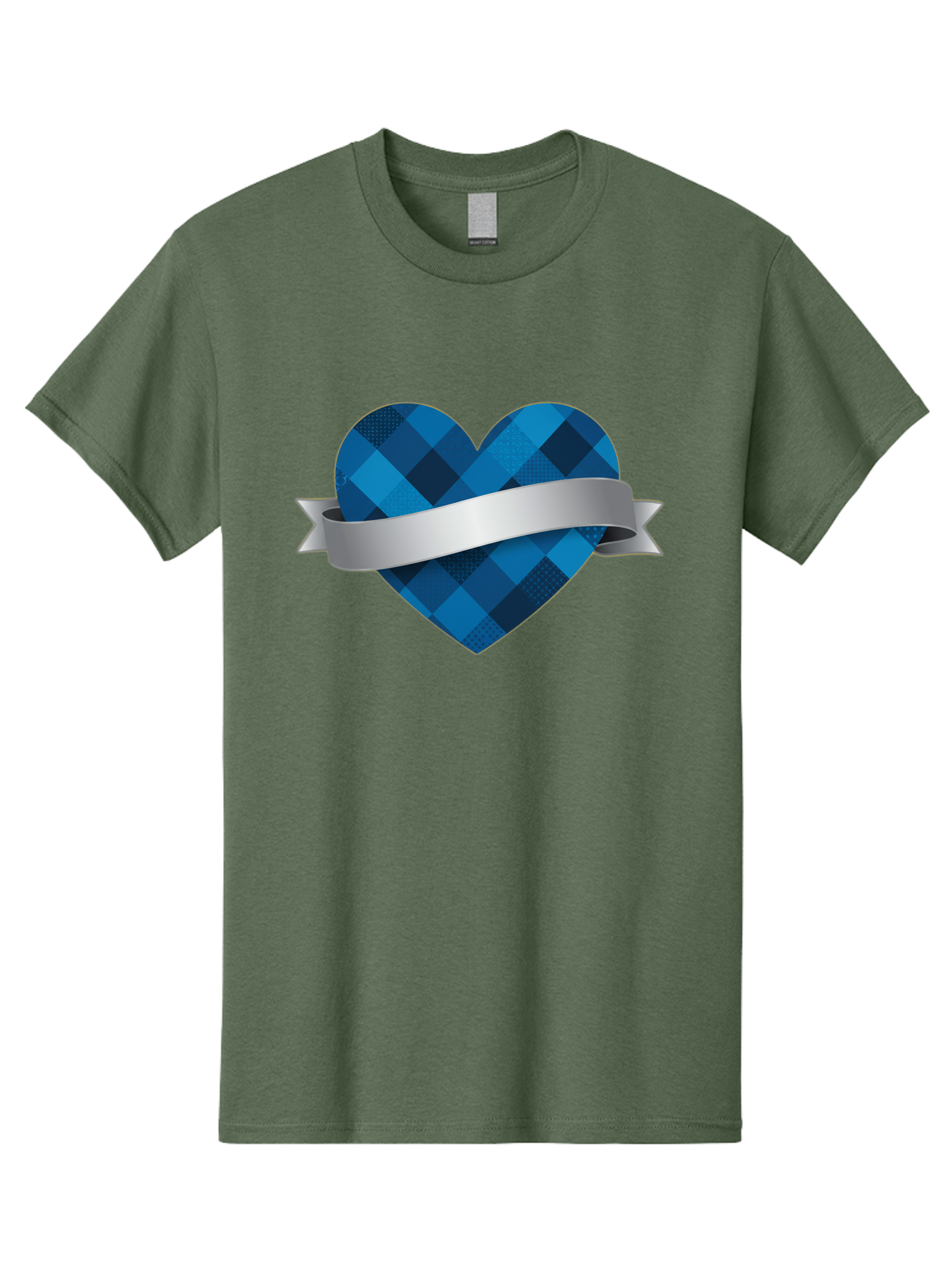 Blue-Plaid-Heart Men'S Graphic Tee, 100% Cotton, Comfortable Casual Summer Wear, Machine Washable, Blue Plaid Heart, Silver Ribbon, Love Symbol, Heart Shape, Textured Pattern, Checkered Design, Elegant Graphics, Symbolic Heart Bae139