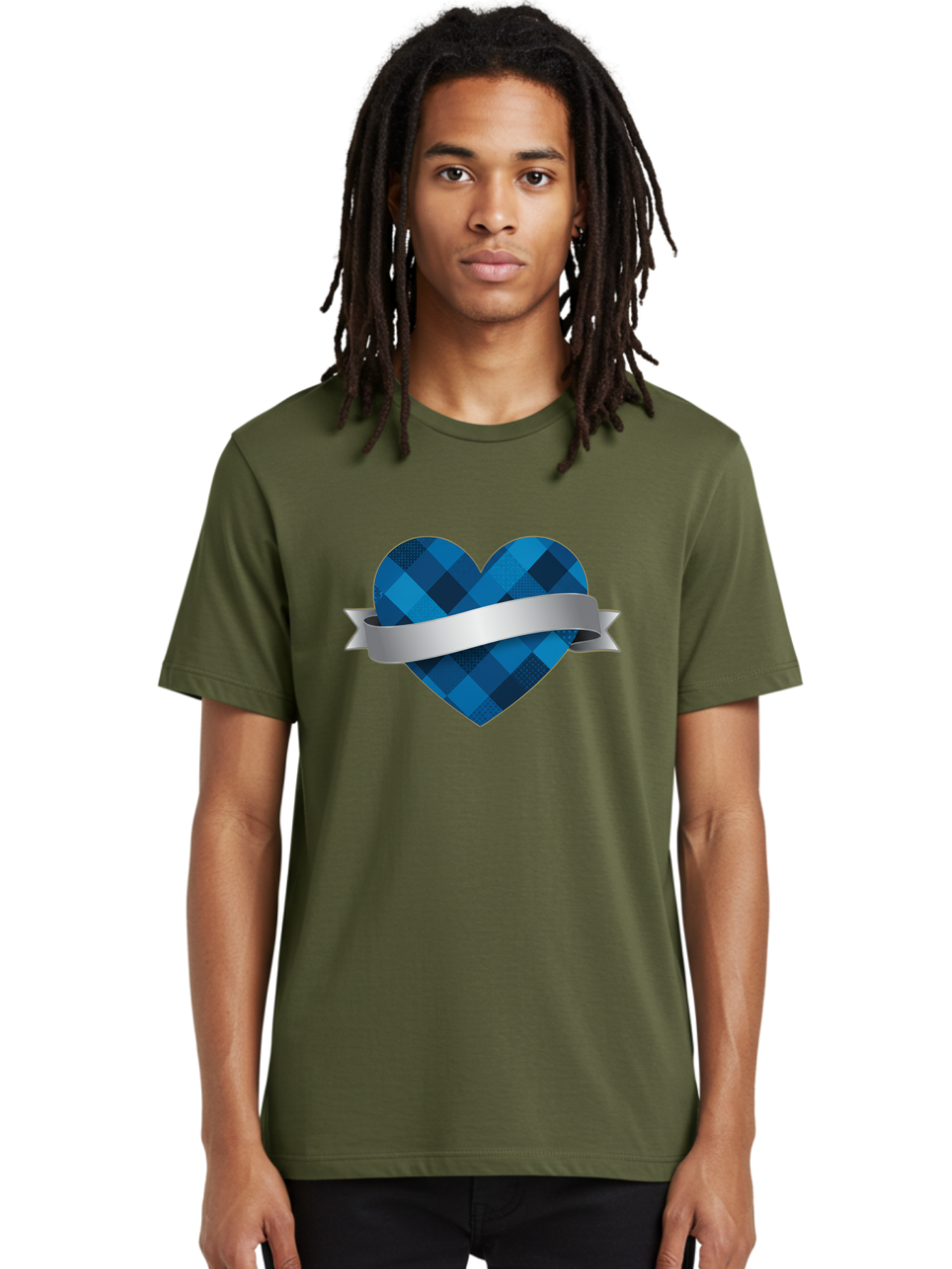 Blue-Plaid-Heart Men'S Graphic Tee, 100% Cotton, Comfortable Casual Summer Wear, Machine Washable, Blue Plaid Heart, Silver Ribbon, Love Symbol, Heart Shape, Textured Pattern, Checkered Design, Elegant Graphics, Symbolic Heart Bae139