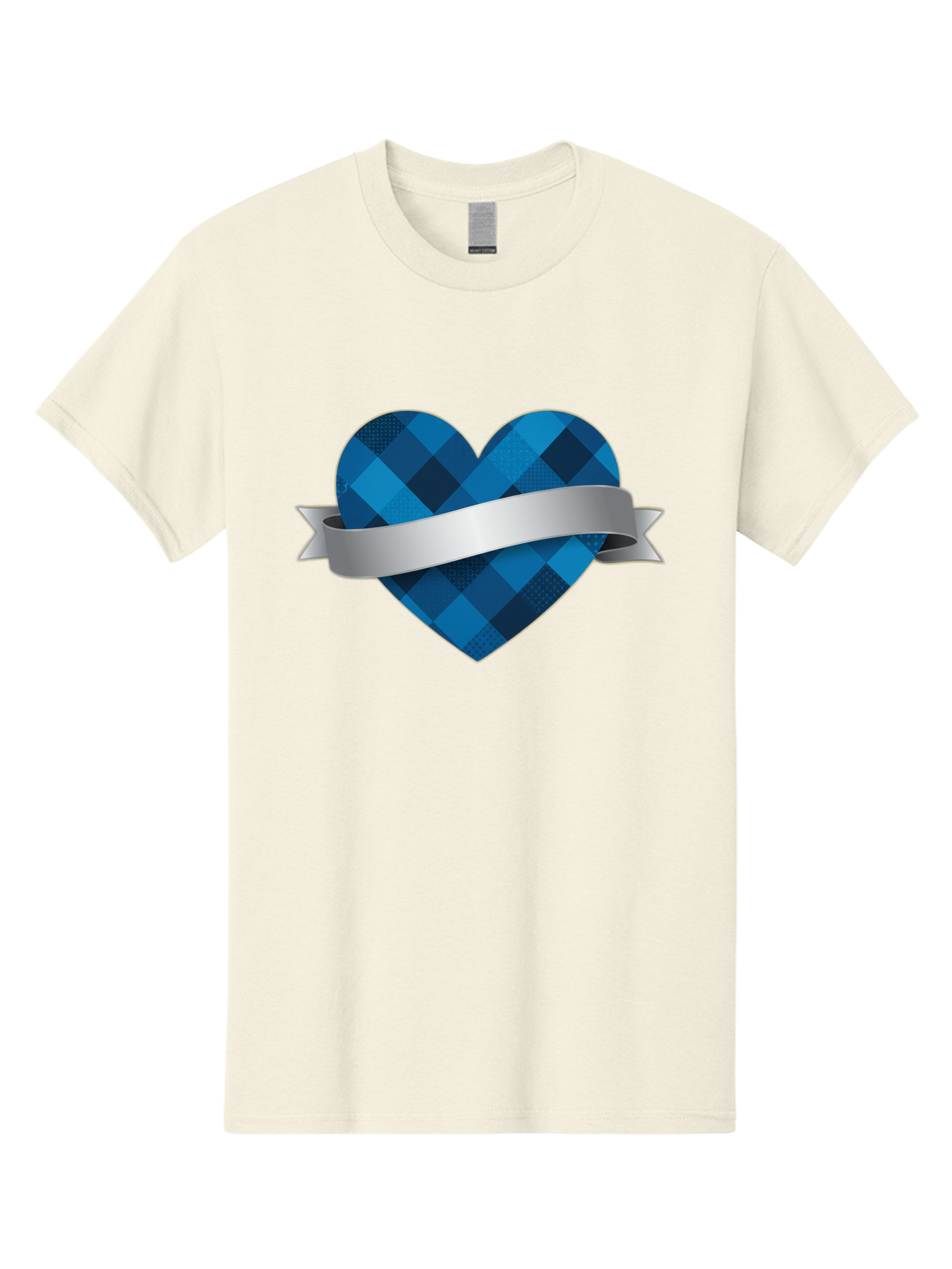 Blue-Plaid-Heart Men'S Graphic Tee, 100% Cotton, Comfortable Casual Summer Wear, Machine Washable, Blue Plaid Heart, Silver Ribbon, Love Symbol, Heart Shape, Textured Pattern, Checkered Design, Elegant Graphics, Symbolic Heart Bae139