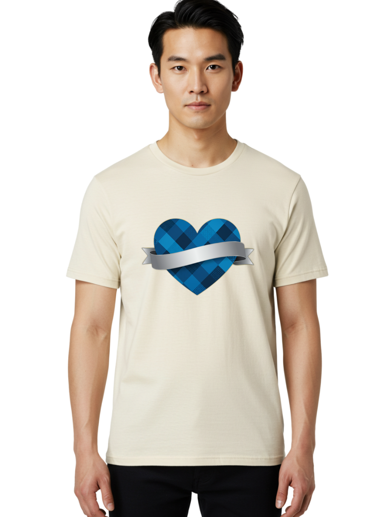 Blue-Plaid-Heart Men'S Graphic Tee, 100% Cotton, Comfortable Casual Summer Wear, Machine Washable, Blue Plaid Heart, Silver Ribbon, Love Symbol, Heart Shape, Textured Pattern, Checkered Design, Elegant Graphics, Symbolic Heart Bae139