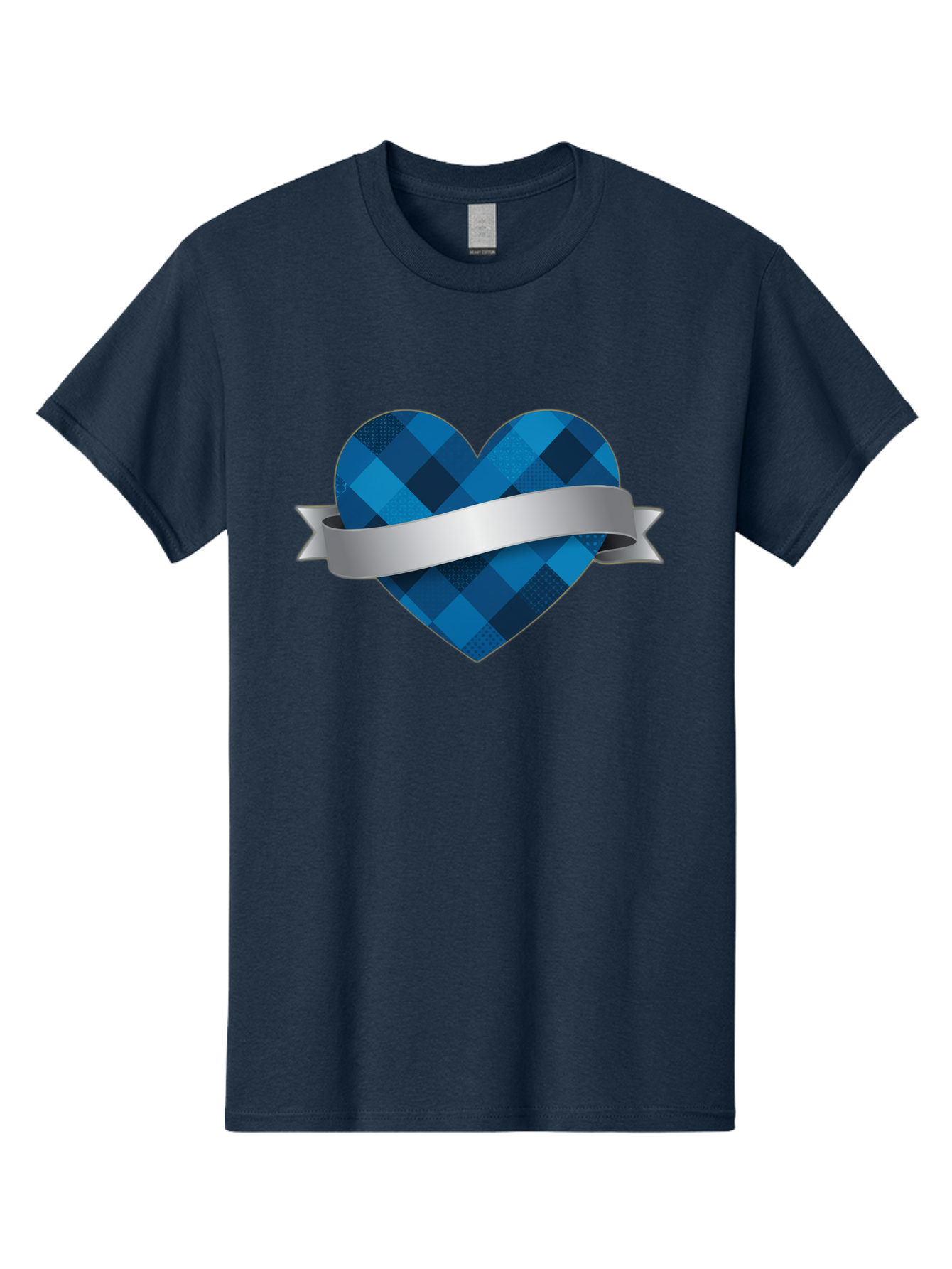 Blue-Plaid-Heart Men'S Graphic Tee, 100% Cotton, Comfortable Casual Summer Wear, Machine Washable, Blue Plaid Heart, Silver Ribbon, Love Symbol, Heart Shape, Textured Pattern, Checkered Design, Elegant Graphics, Symbolic Heart Bae139