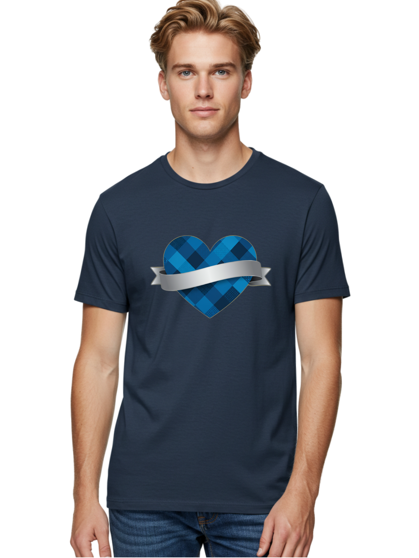 Blue-Plaid-Heart Men'S Graphic Tee, 100% Cotton, Comfortable Casual Summer Wear, Machine Washable, Blue Plaid Heart, Silver Ribbon, Love Symbol, Heart Shape, Textured Pattern, Checkered Design, Elegant Graphics, Symbolic Heart Bae139