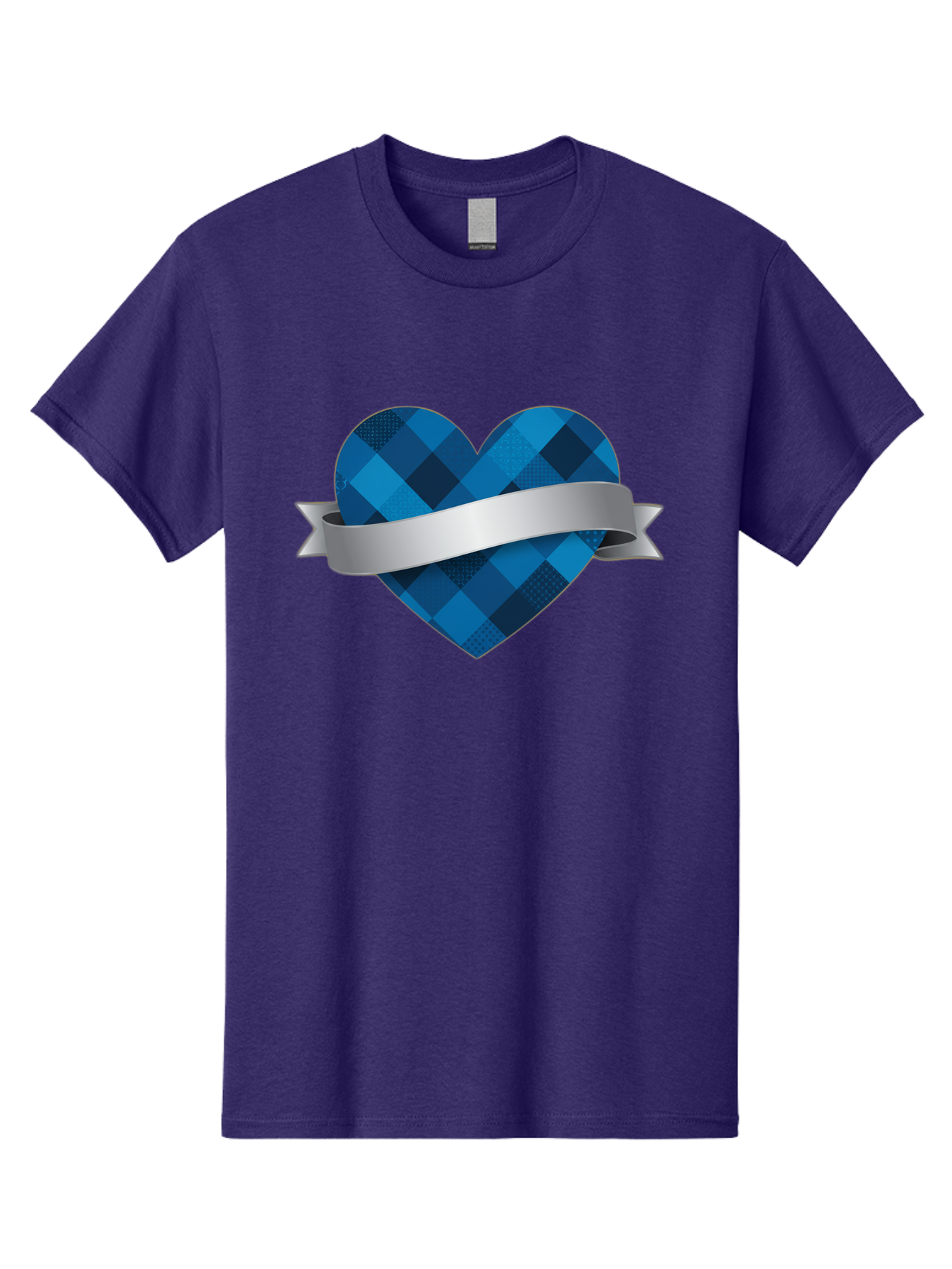 Blue-Plaid-Heart Men'S Graphic Tee, 100% Cotton, Comfortable Casual Summer Wear, Machine Washable, Blue Plaid Heart, Silver Ribbon, Love Symbol, Heart Shape, Textured Pattern, Checkered Design, Elegant Graphics, Symbolic Heart Bae139