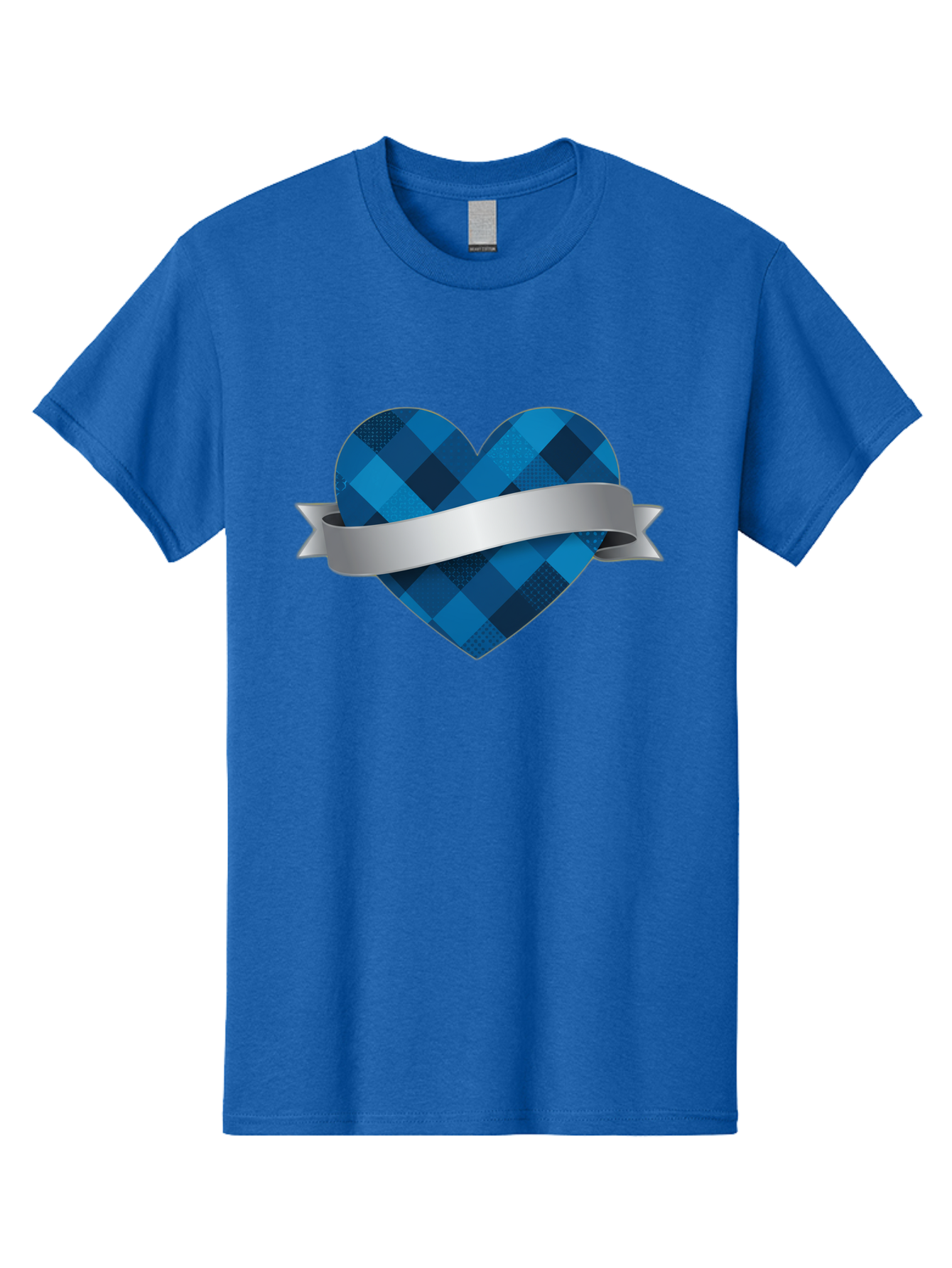 Blue-Plaid-Heart Men'S Graphic Tee, 100% Cotton, Comfortable Casual Summer Wear, Machine Washable, Blue Plaid Heart, Silver Ribbon, Love Symbol, Heart Shape, Textured Pattern, Checkered Design, Elegant Graphics, Symbolic Heart Bae139
