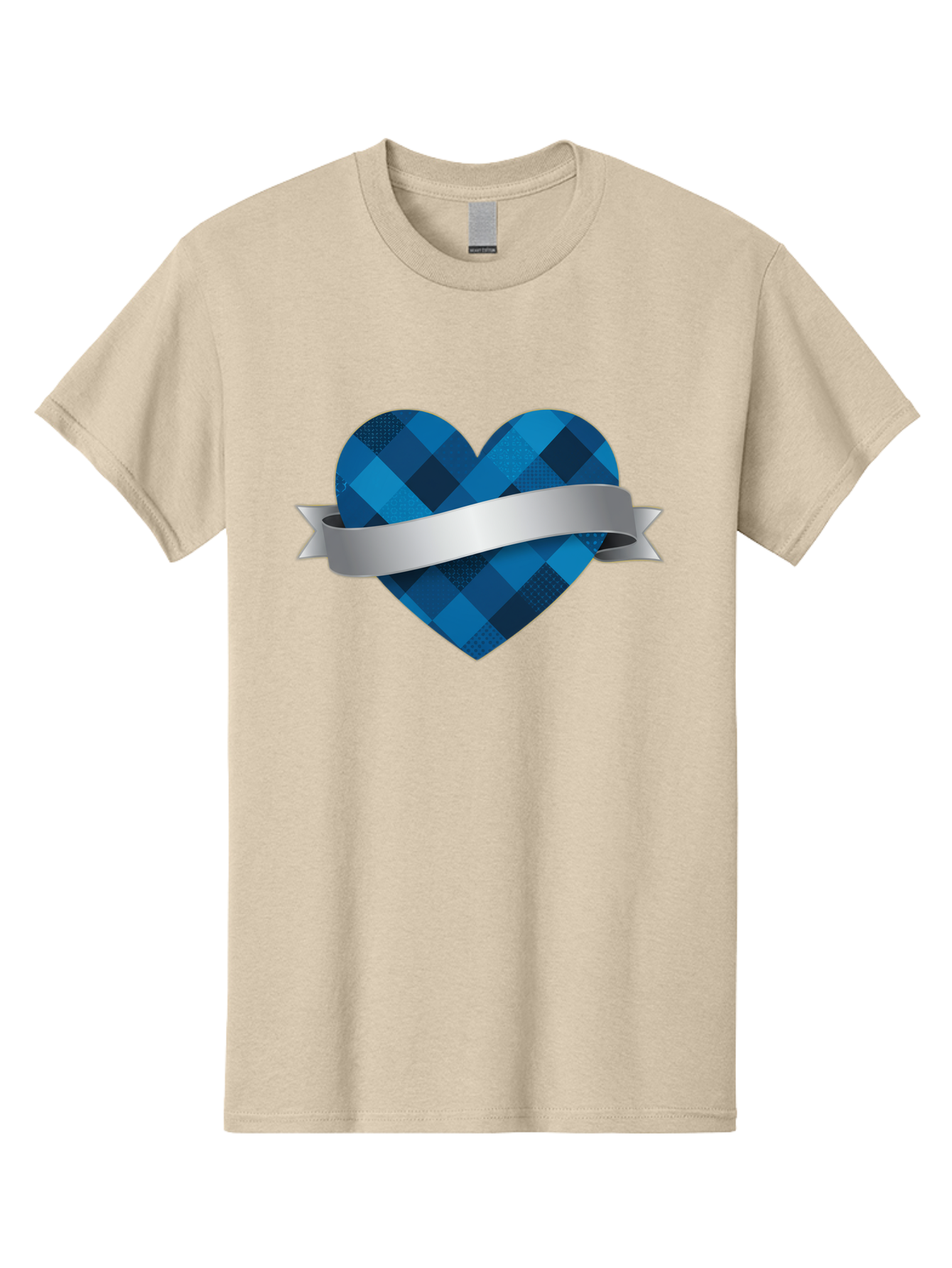 Blue-Plaid-Heart Men'S Graphic Tee, 100% Cotton, Comfortable Casual Summer Wear, Machine Washable, Blue Plaid Heart, Silver Ribbon, Love Symbol, Heart Shape, Textured Pattern, Checkered Design, Elegant Graphics, Symbolic Heart Bae139