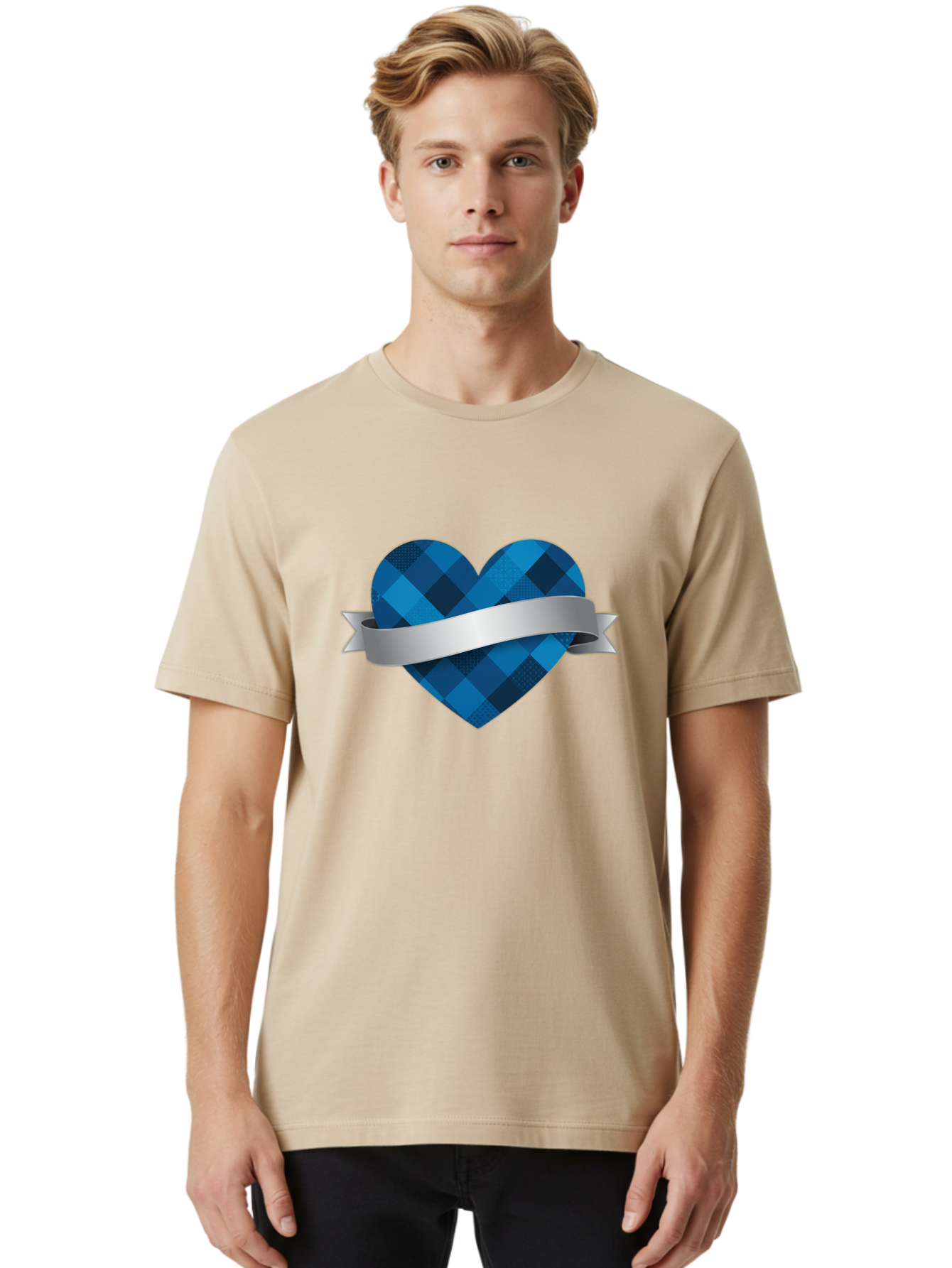 Blue-Plaid-Heart Men'S Graphic Tee, 100% Cotton, Comfortable Casual Summer Wear, Machine Washable, Blue Plaid Heart, Silver Ribbon, Love Symbol, Heart Shape, Textured Pattern, Checkered Design, Elegant Graphics, Symbolic Heart Bae139