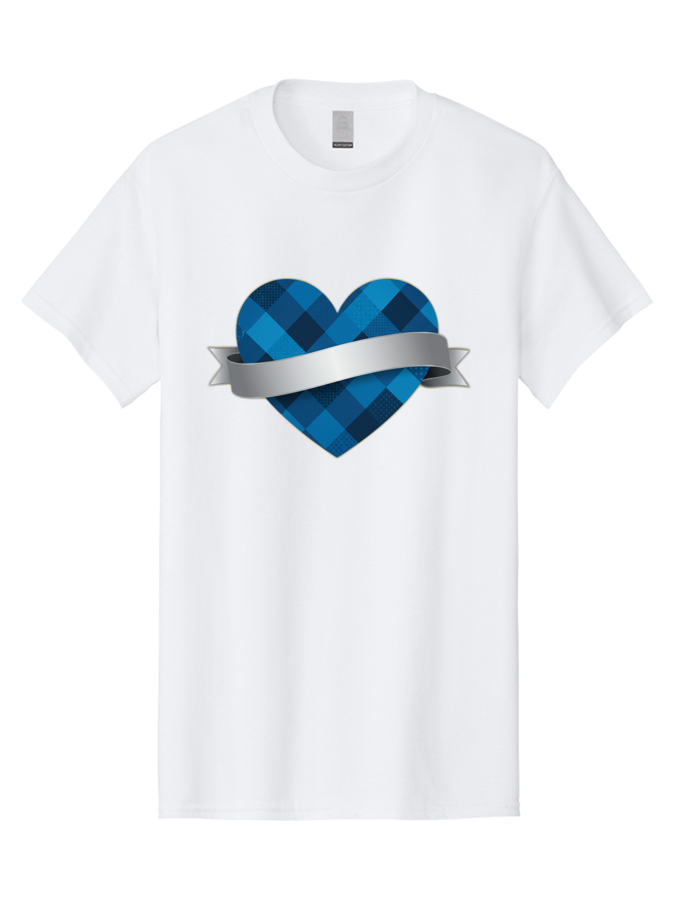 Blue-Plaid-Heart Men'S Graphic Tee, 100% Cotton, Comfortable Casual Summer Wear, Machine Washable, Blue Plaid Heart, Silver Ribbon, Love Symbol, Heart Shape, Textured Pattern, Checkered Design, Elegant Graphics, Symbolic Heart Bae139