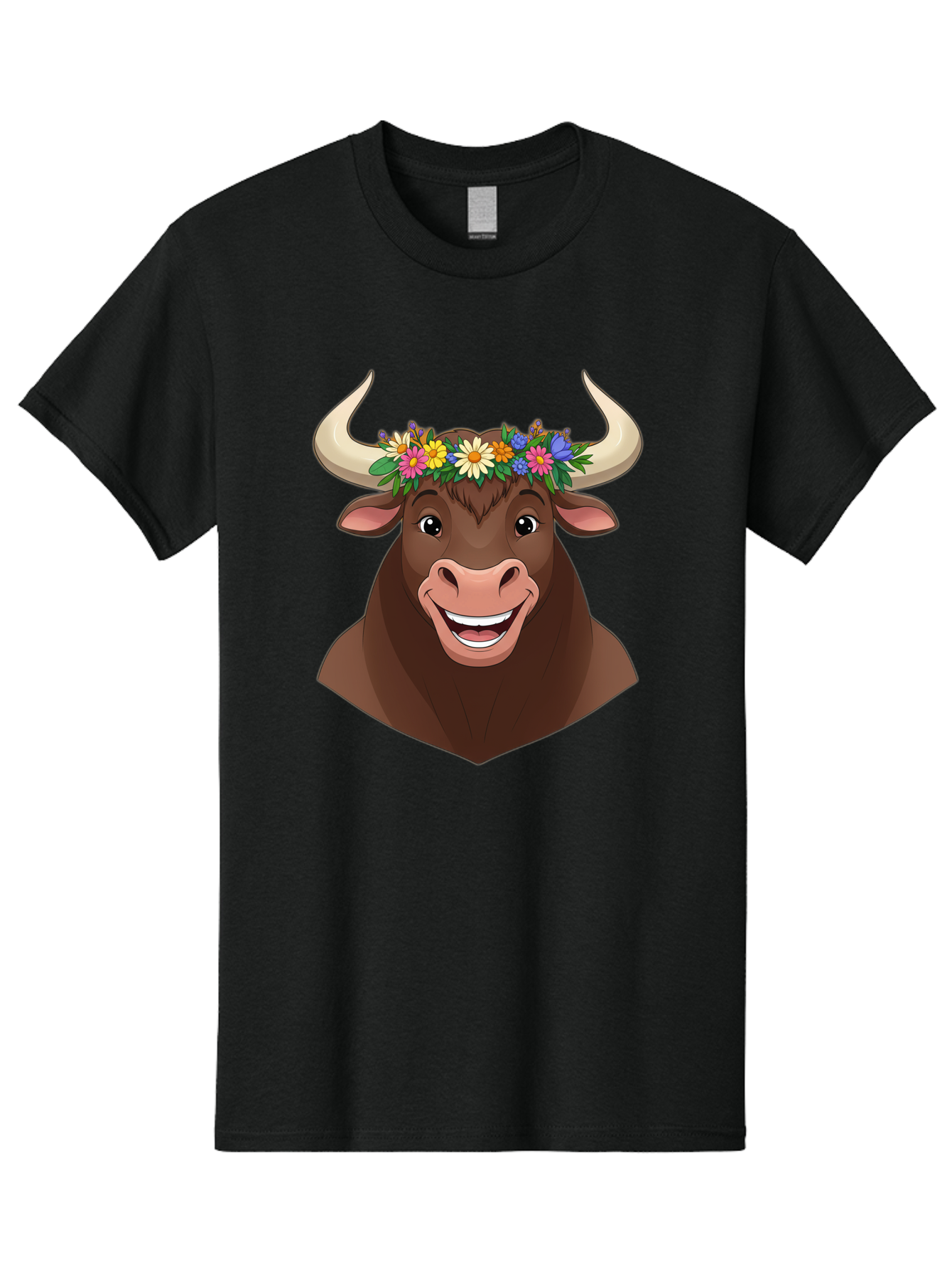 Bull-With-Flowers Men'S Graphic Tee, 100% Cotton, Comfortable Casual Summer Wear, Machine Washable, Cartoon Bull, Floral Crown, Colorful Flowers, Happy Bull, Smiling Face, Cheerful Mood, Vibrant Colors, Playful Character, Funny Illustration, Bae140