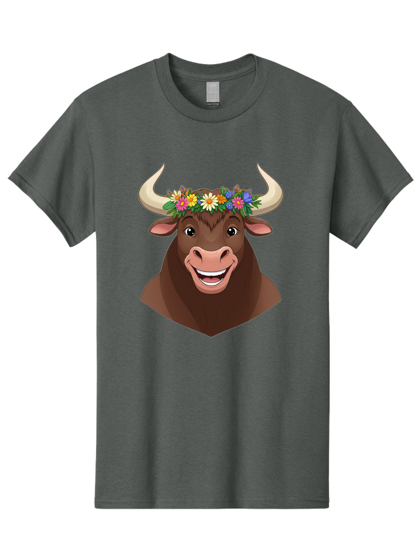 Bull-With-Flowers Men'S Graphic Tee, 100% Cotton, Comfortable Casual Summer Wear, Machine Washable, Cartoon Bull, Floral Crown, Colorful Flowers, Happy Bull, Smiling Face, Cheerful Mood, Vibrant Colors, Playful Character, Funny Illustration, Bae140