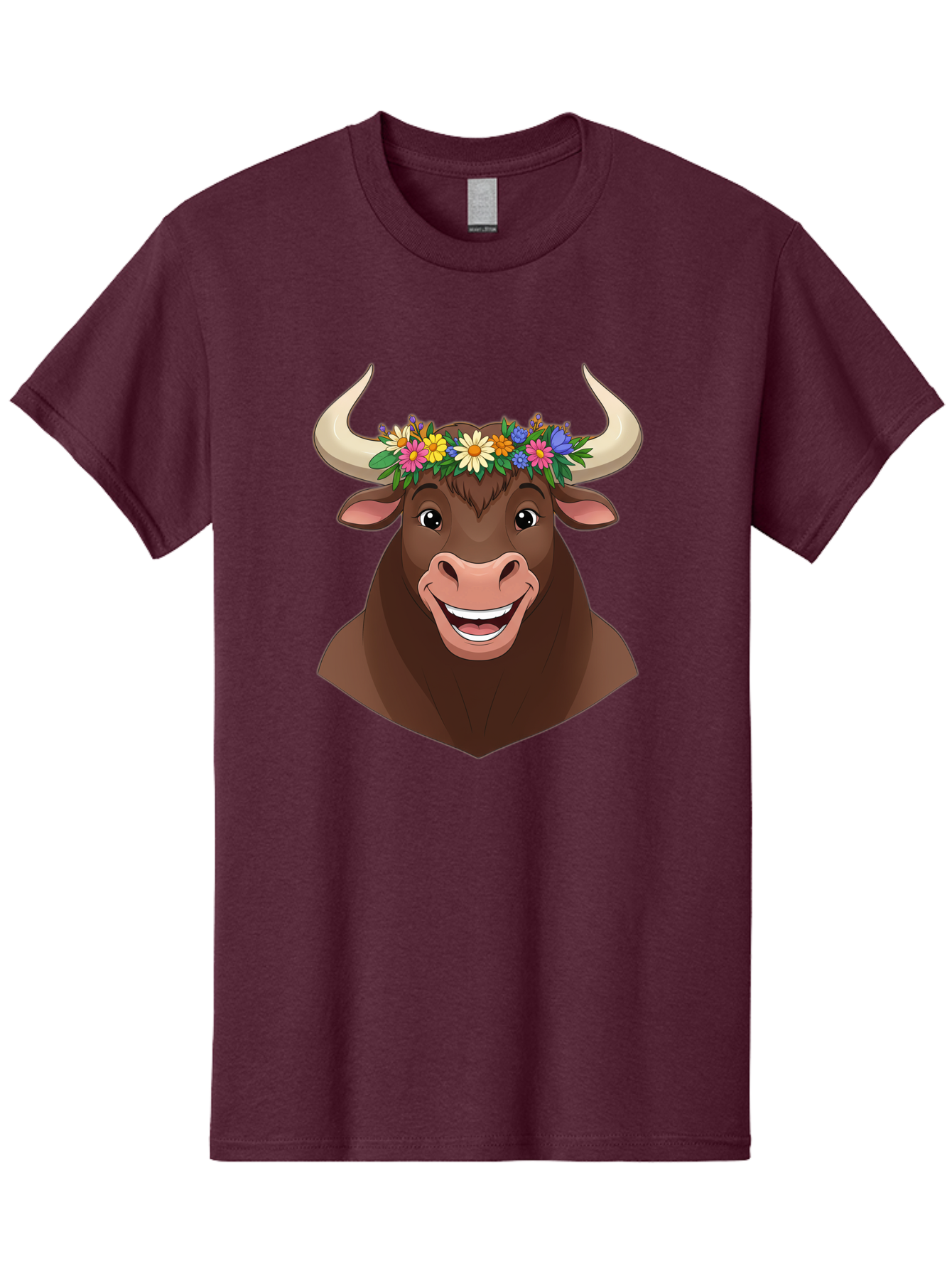 Bull-With-Flowers Men'S Graphic Tee, 100% Cotton, Comfortable Casual Summer Wear, Machine Washable, Cartoon Bull, Floral Crown, Colorful Flowers, Happy Bull, Smiling Face, Cheerful Mood, Vibrant Colors, Playful Character, Funny Illustration, Bae140