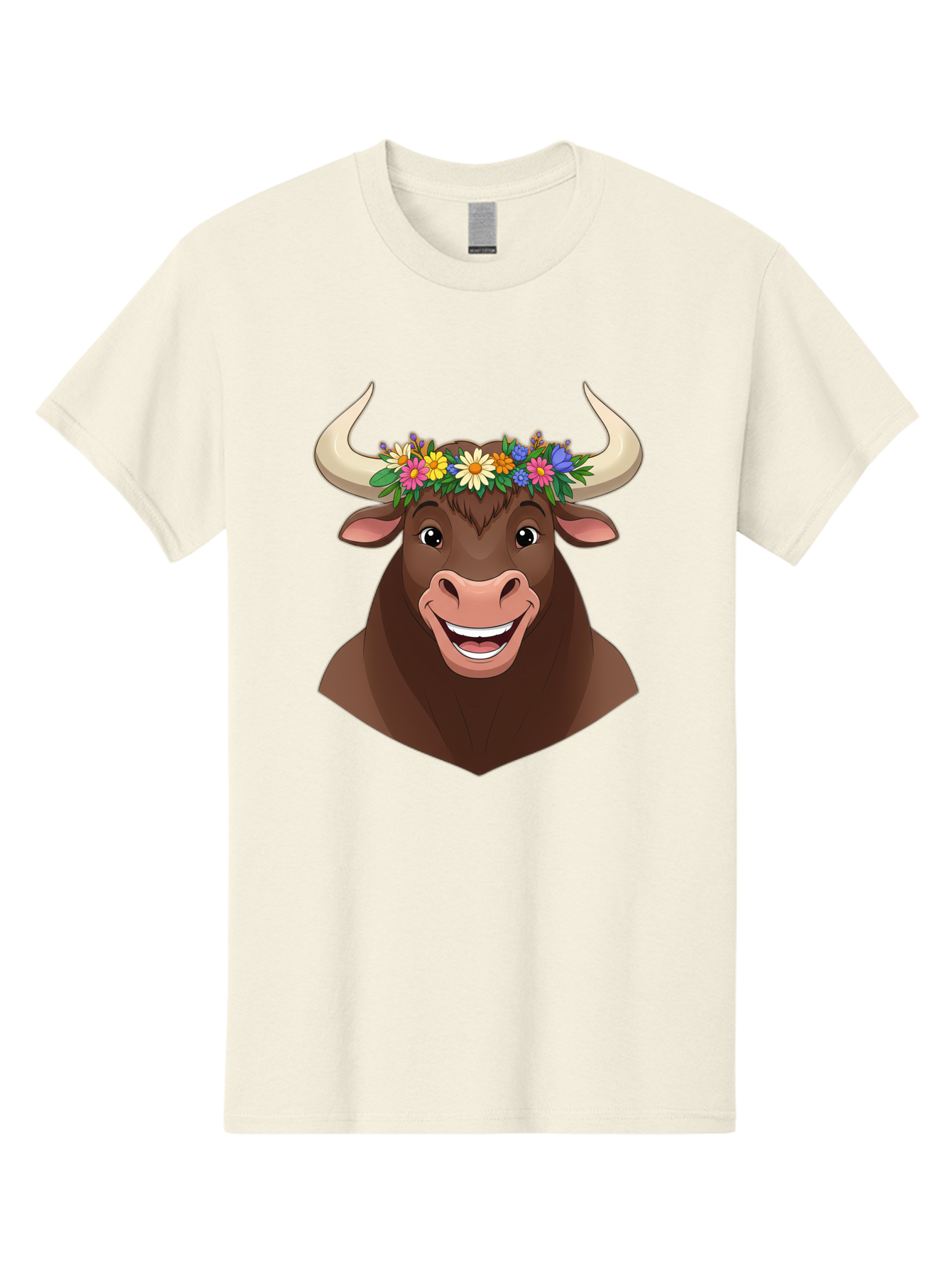 Bull-With-Flowers Men'S Graphic Tee, 100% Cotton, Comfortable Casual Summer Wear, Machine Washable, Cartoon Bull, Floral Crown, Colorful Flowers, Happy Bull, Smiling Face, Cheerful Mood, Vibrant Colors, Playful Character, Funny Illustration, Bae140