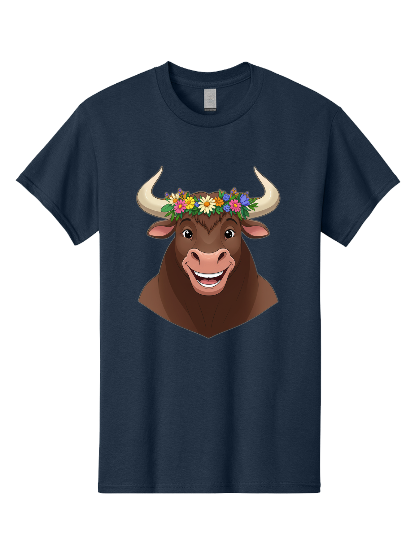 Bull-With-Flowers Men'S Graphic Tee, 100% Cotton, Comfortable Casual Summer Wear, Machine Washable, Cartoon Bull, Floral Crown, Colorful Flowers, Happy Bull, Smiling Face, Cheerful Mood, Vibrant Colors, Playful Character, Funny Illustration, Bae140
