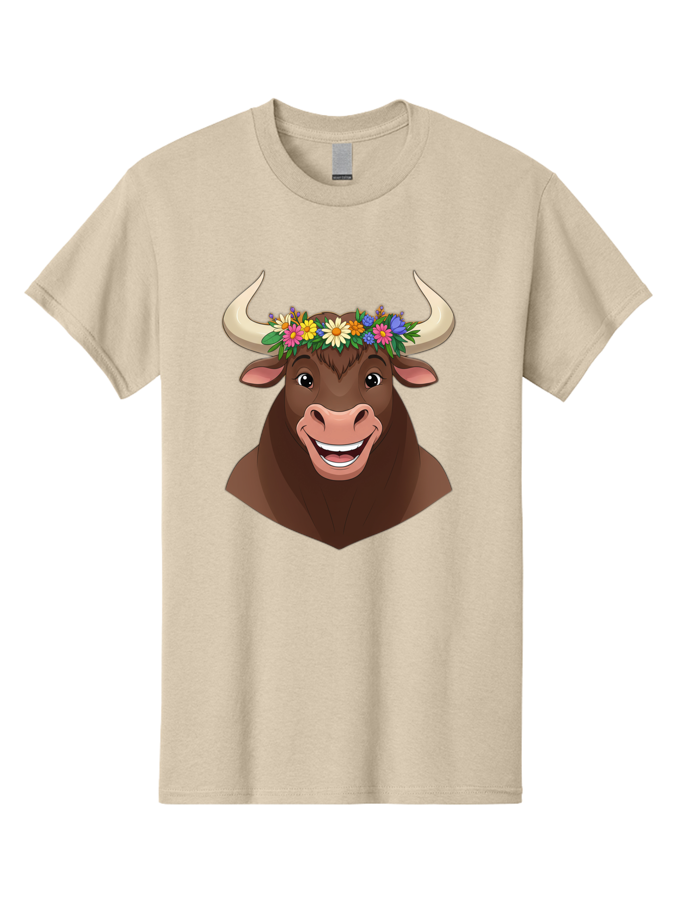 Bull-With-Flowers Men'S Graphic Tee, 100% Cotton, Comfortable Casual Summer Wear, Machine Washable, Cartoon Bull, Floral Crown, Colorful Flowers, Happy Bull, Smiling Face, Cheerful Mood, Vibrant Colors, Playful Character, Funny Illustration, Bae140