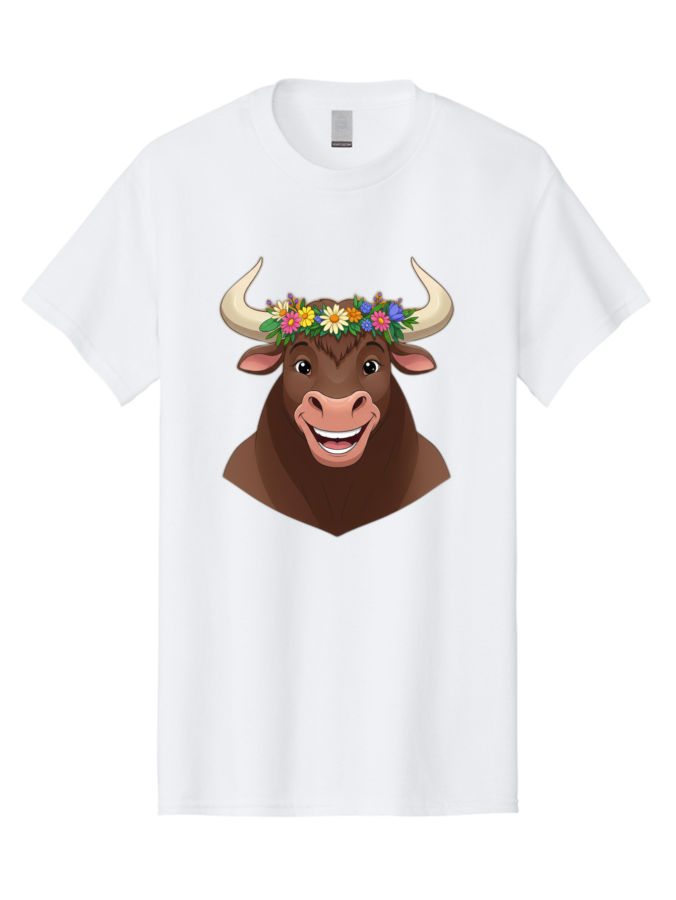 Bull-With-Flowers Men'S Graphic Tee, 100% Cotton, Comfortable Casual Summer Wear, Machine Washable, Cartoon Bull, Floral Crown, Colorful Flowers, Happy Bull, Smiling Face, Cheerful Mood, Vibrant Colors, Playful Character, Funny Illustration, Bae140
