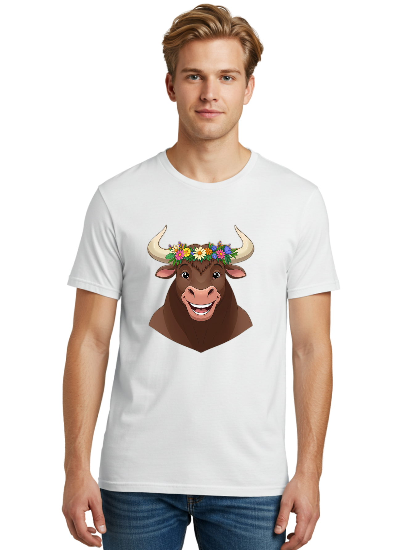 Bull-With-Flowers Men'S Graphic Tee, 100% Cotton, Comfortable Casual Summer Wear, Machine Washable, Cartoon Bull, Floral Crown, Colorful Flowers, Happy Bull, Smiling Face, Cheerful Mood, Vibrant Colors, Playful Character, Funny Illustration, Bae140