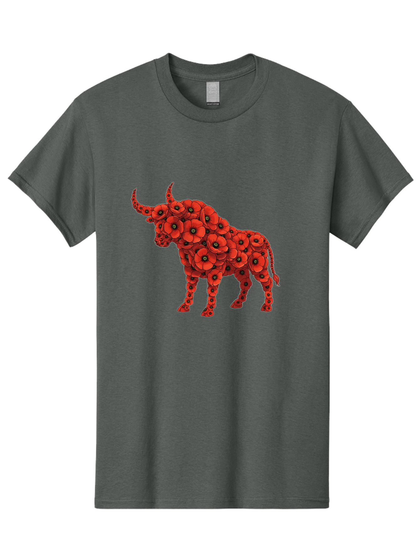 Bull-With-Poppies Men'S Graphic Tee, 100% Cotton, Comfortable Casual Summer Wear, Machine Washable, Red Poppy Flowers, Floral Bull, Bull Silhouette, Vibrant Flowers, Botanical Art, Floral Design, Bull Design, Flowers Bae141