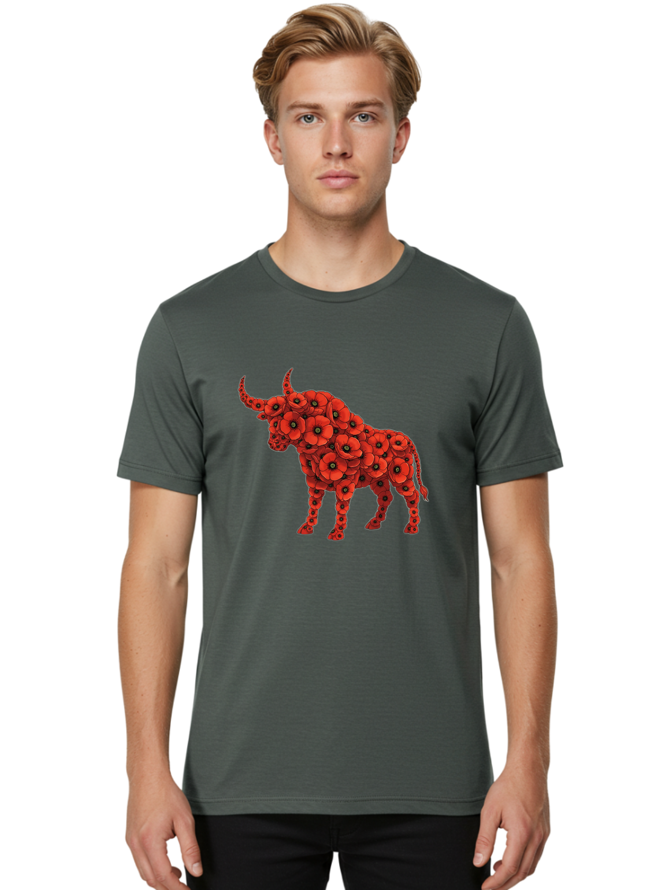 Bull-With-Poppies Men'S Graphic Tee, 100% Cotton, Comfortable Casual Summer Wear, Machine Washable, Red Poppy Flowers, Floral Bull, Bull Silhouette, Vibrant Flowers, Botanical Art, Floral Design, Bull Design, Flowers Bae141