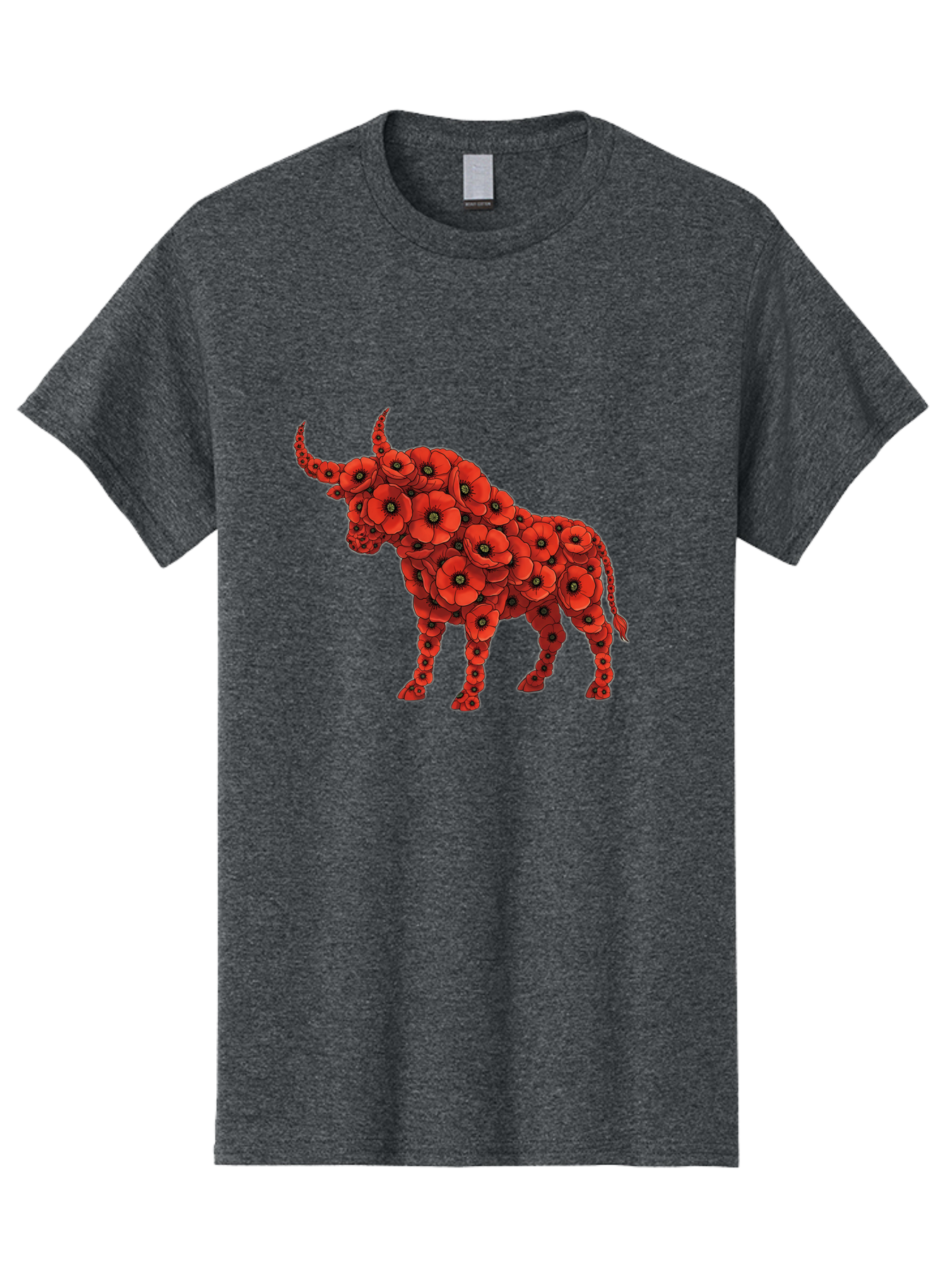 Bull-With-Poppies Men'S Graphic Tee, 100% Cotton, Comfortable Casual Summer Wear, Machine Washable, Red Poppy Flowers, Floral Bull, Bull Silhouette, Vibrant Flowers, Botanical Art, Floral Design, Bull Design, Flowers Bae141
