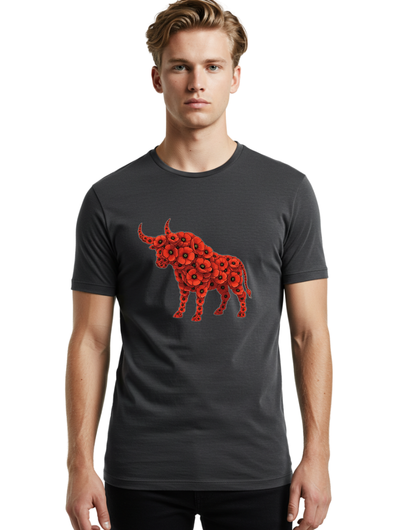 Bull-With-Poppies Men'S Graphic Tee, 100% Cotton, Comfortable Casual Summer Wear, Machine Washable, Red Poppy Flowers, Floral Bull, Bull Silhouette, Vibrant Flowers, Botanical Art, Floral Design, Bull Design, Flowers Bae141
