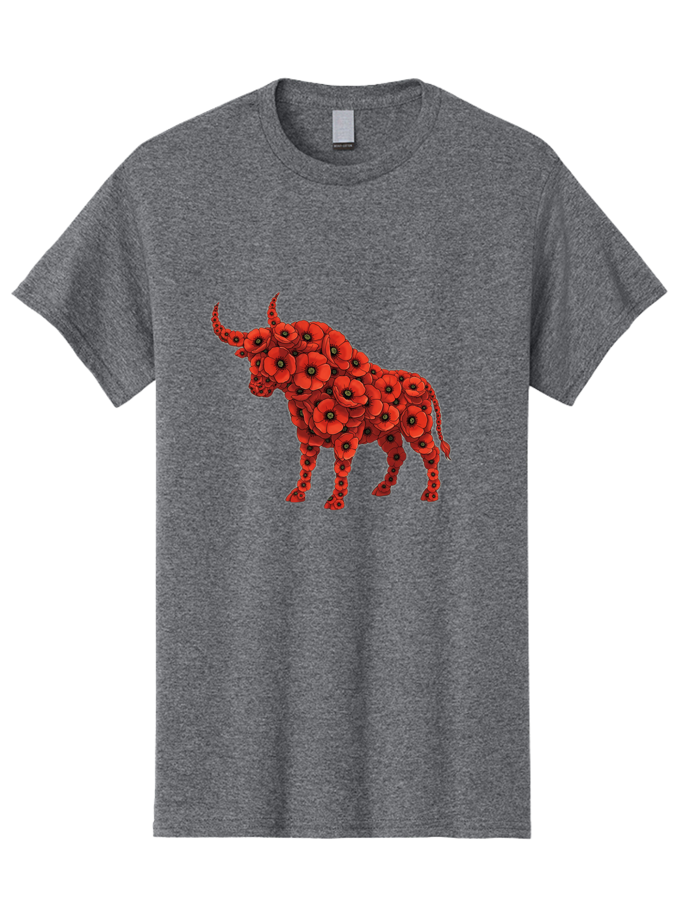 Bull-With-Poppies Men'S Graphic Tee, 100% Cotton, Comfortable Casual Summer Wear, Machine Washable, Red Poppy Flowers, Floral Bull, Bull Silhouette, Vibrant Flowers, Botanical Art, Floral Design, Bull Design, Flowers Bae141